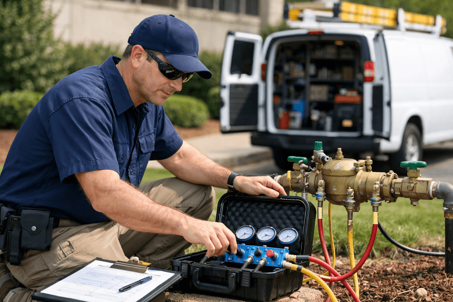 Technician performing backflow test
