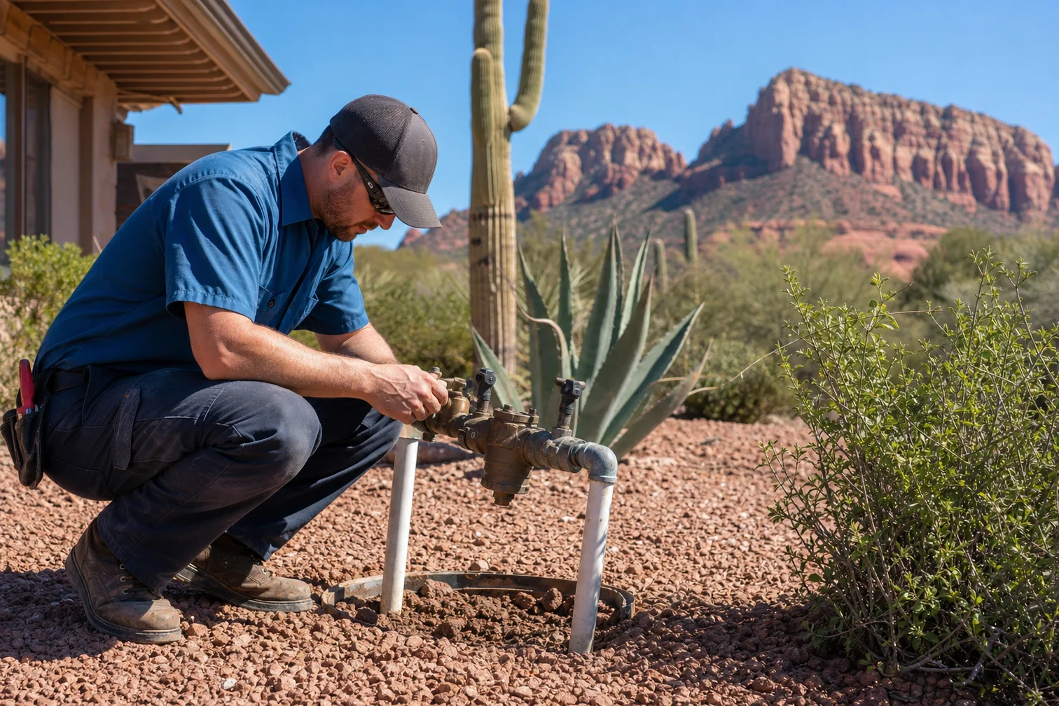 Certified technician testing a backflow prevention assembly on a commercial water line in Arizona