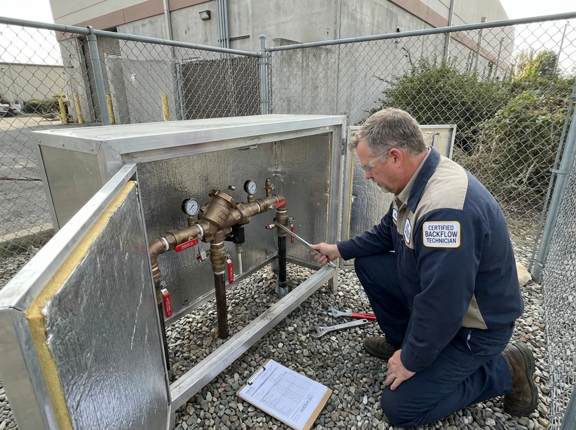 Certified technician opening a protective enclosure to inspect shutoff valves, test cocks, and exposed piping before a backflow test