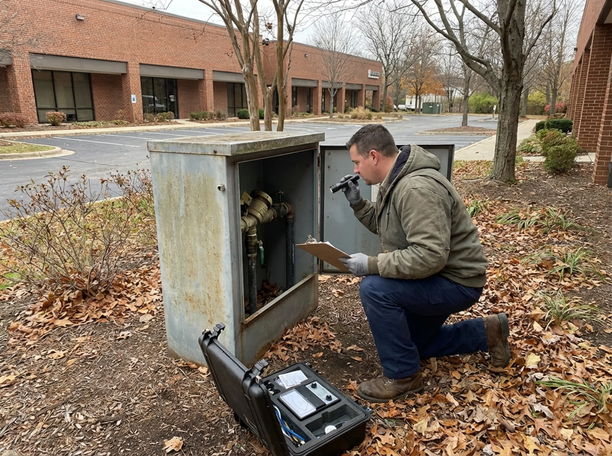 Technician inspecting a backflow prevention assembly and protective enclosure before winter
