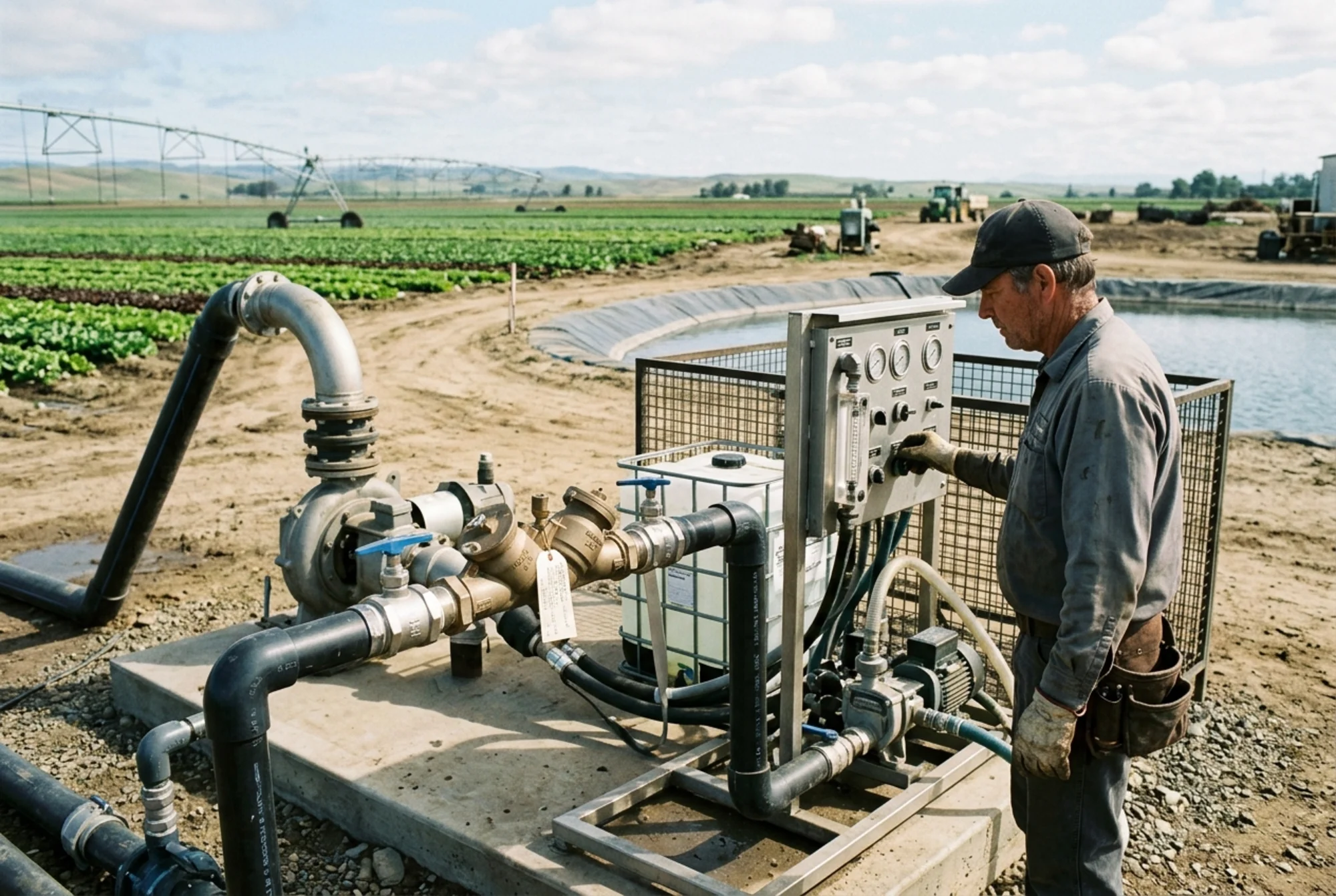 Realistic agricultural chemigation setup with irrigation piping, visible backflow prevention assembly, and a farm operator reviewing system controls near a water source, documentary style, natural light, no text overlay