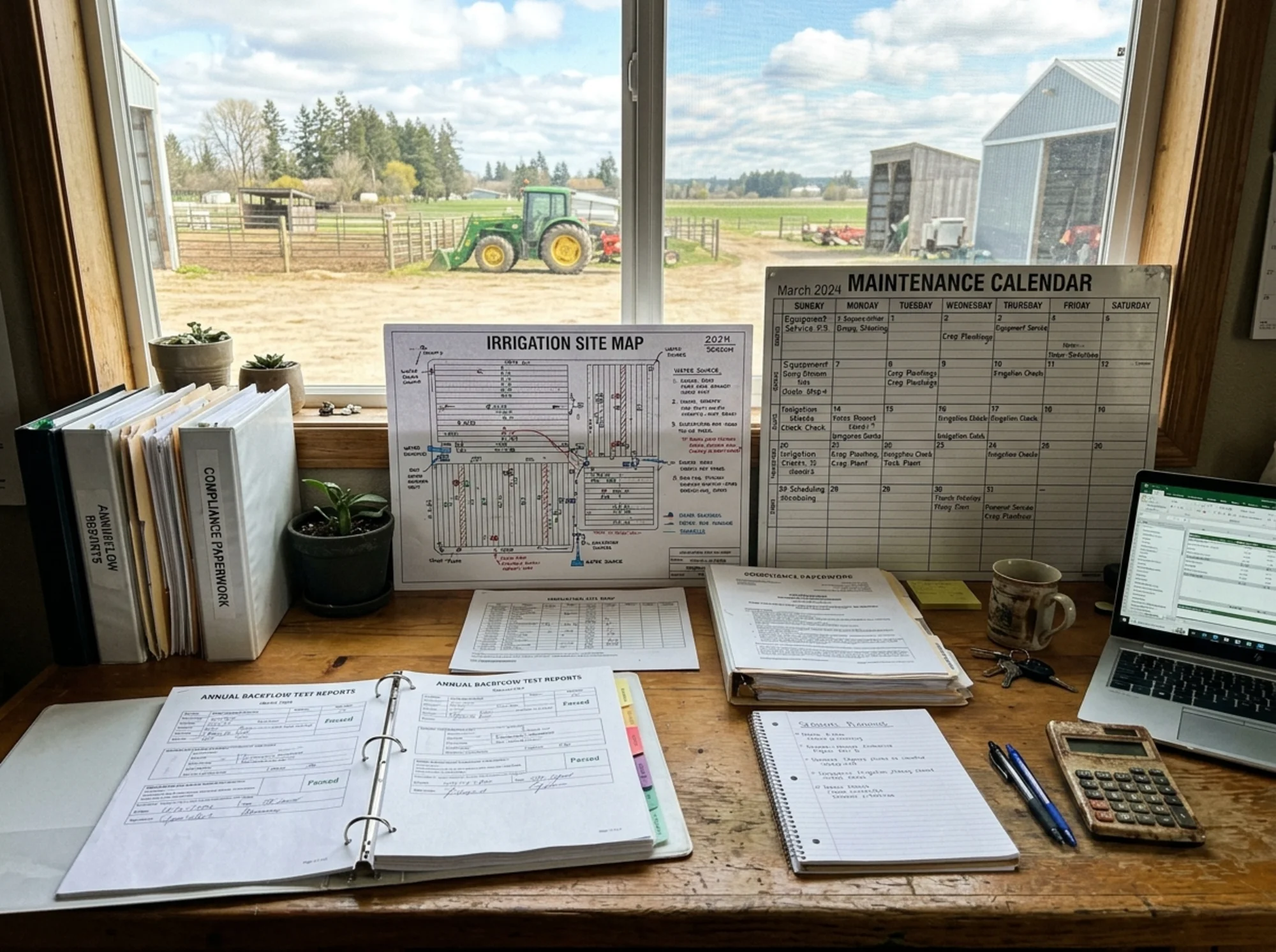Realistic farm office desk with annual backflow test reports, irrigation site map, maintenance calendar, and compliance paperwork organized for seasonal planning, natural lighting, no logos or text overlay