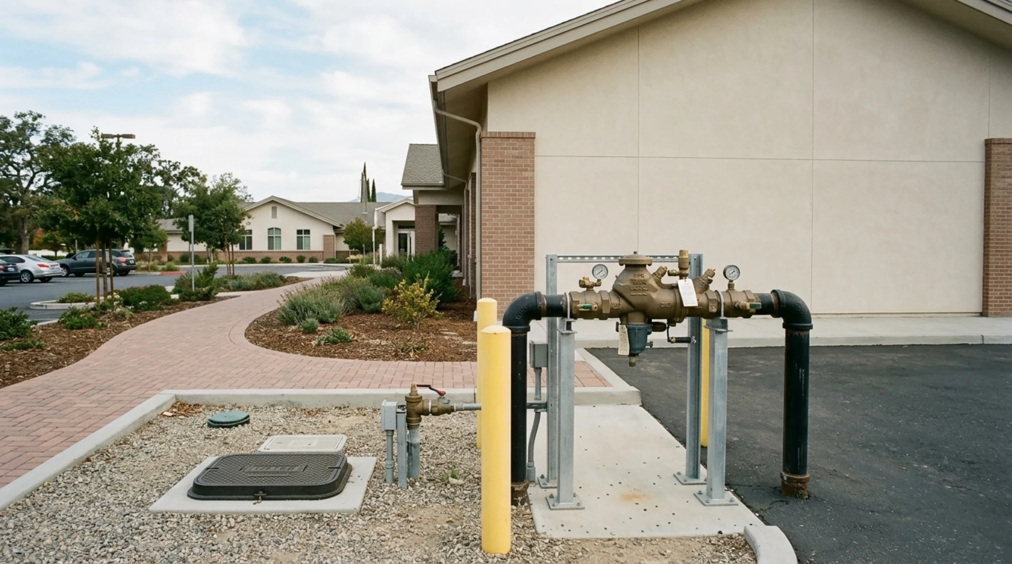 Exterior of a church campus with a visible backflow prevention assembly near the water service entrance