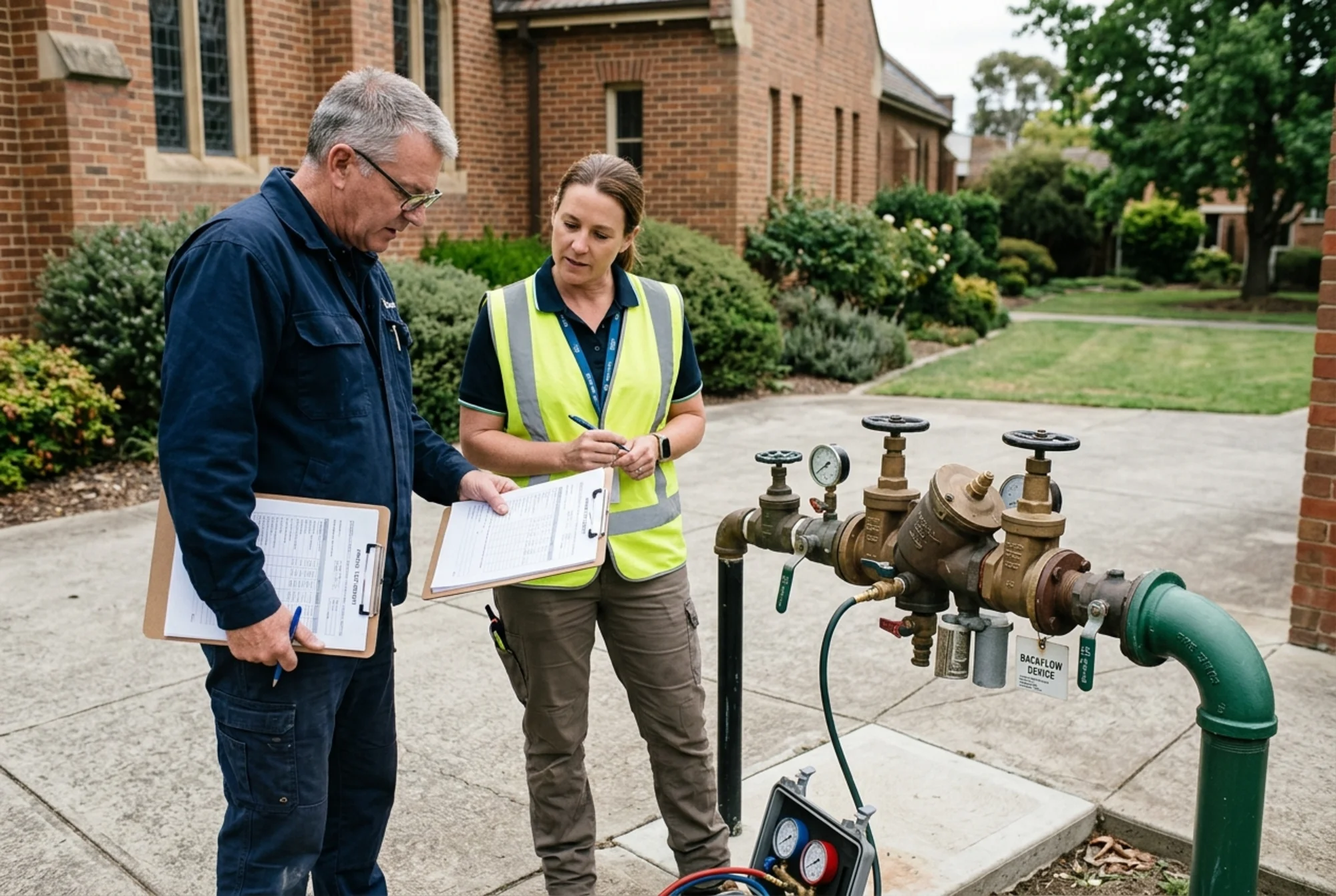 Church facilities manager and certified backflow tester reviewing an annual test report beside an irrigation and fire service backflow setup, realistic documentary style, natural lighting, no logos or text overlay