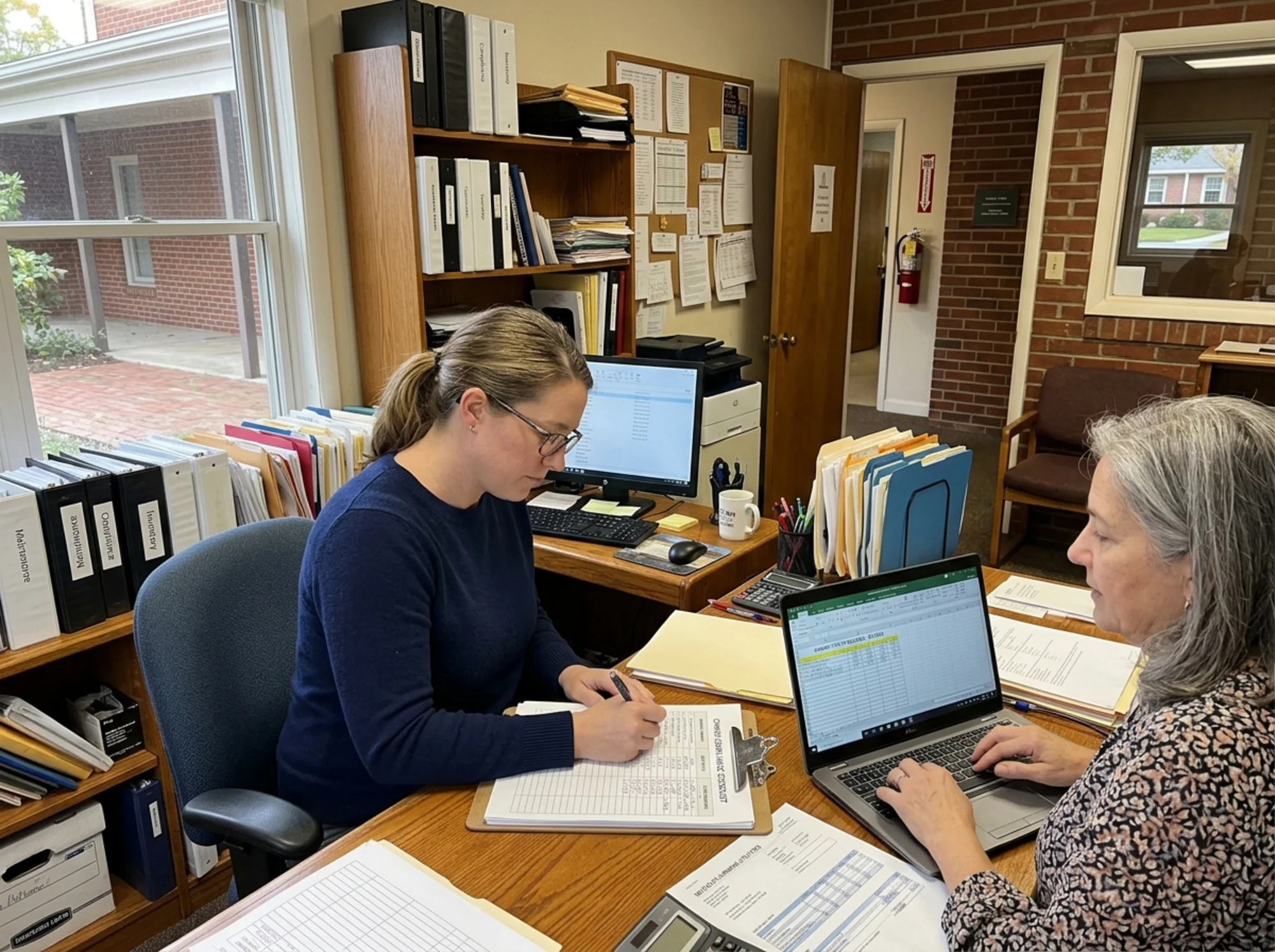 Administrative staff at a church office using a compliance checklist with assembly inventory, due dates, and utility submission records, realistic office environment, natural daylight, no logos or text overlay