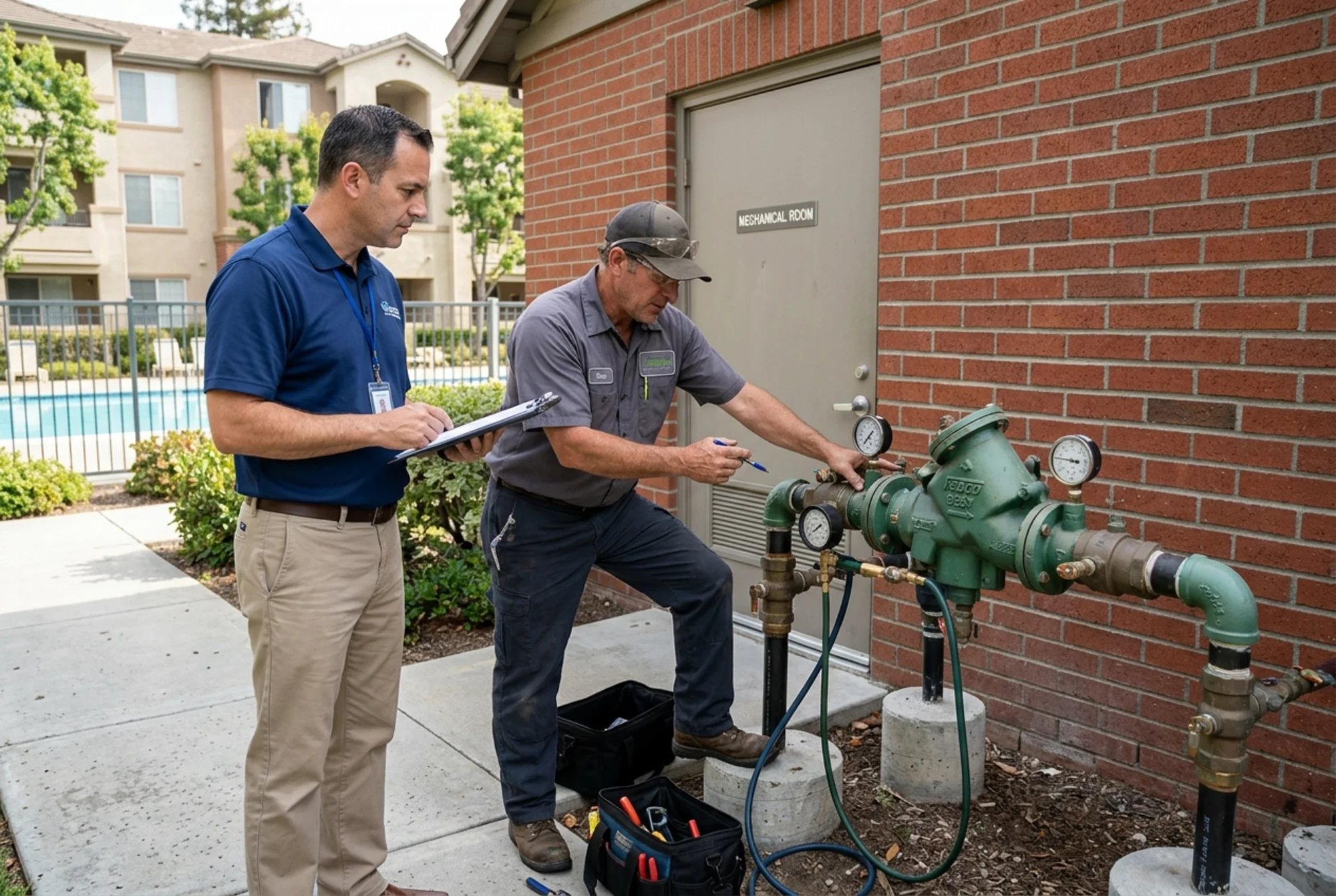 Realistic photo of a condo association property manager reviewing a shared backflow assembly with a certified tester near a pool equipment area or clubhouse mechanical room, natural lighting, no visible brand names