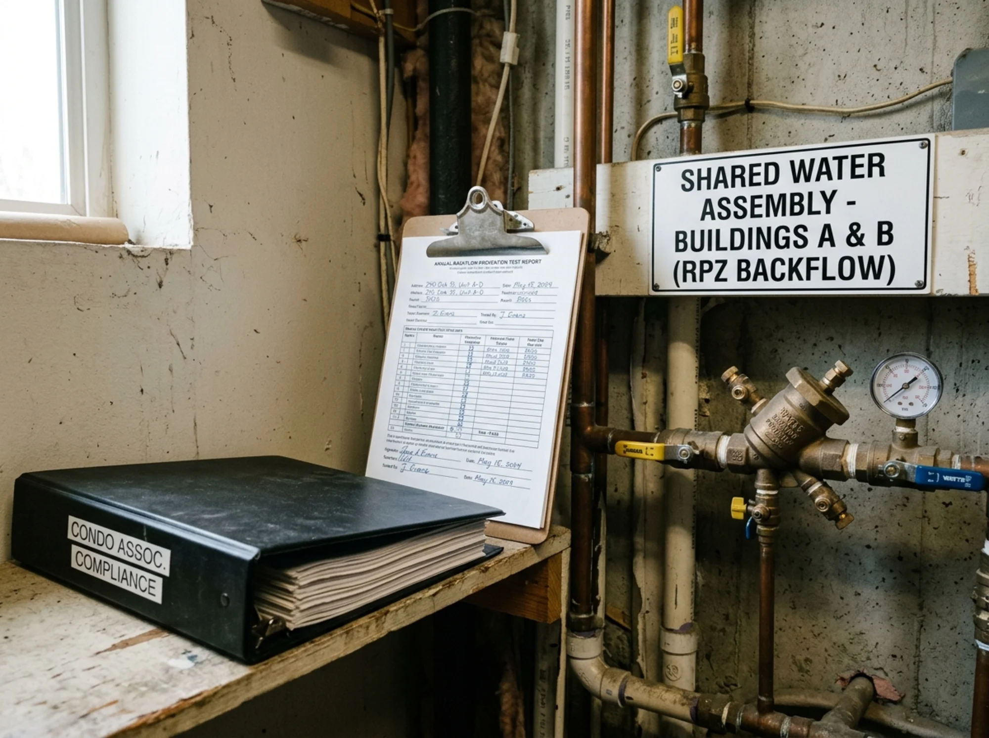 Close-up realistic photo of a condo association compliance binder or clipboard with a backflow test report beside a labeled shared water assembly, documentary style, no text overlay
