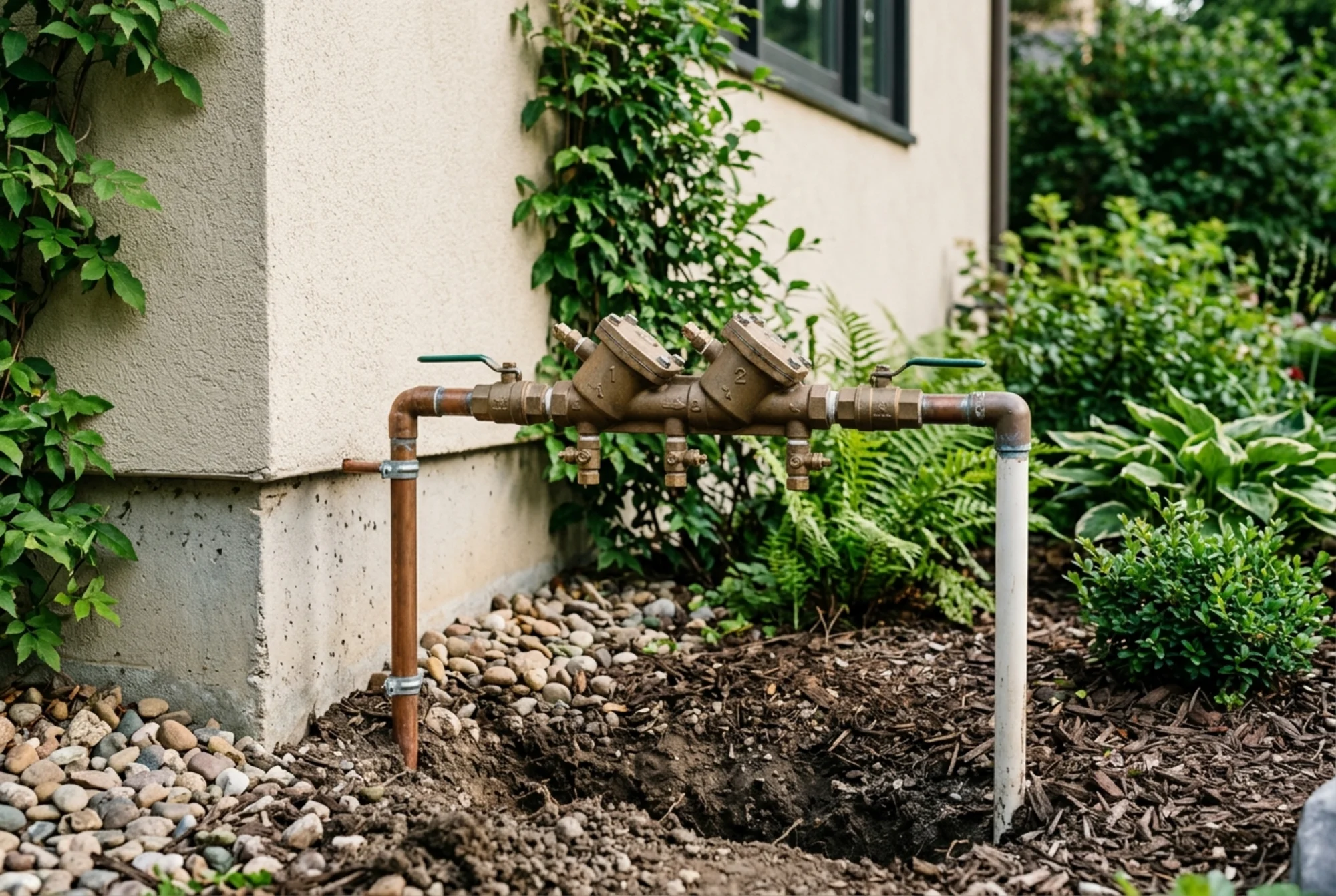 Realistic close-up photo of an above-ground pressure vacuum breaker or double check valve assembly serving a residential lawn sprinkler system beside a house, accessible clearance, natural lighting, no brand names