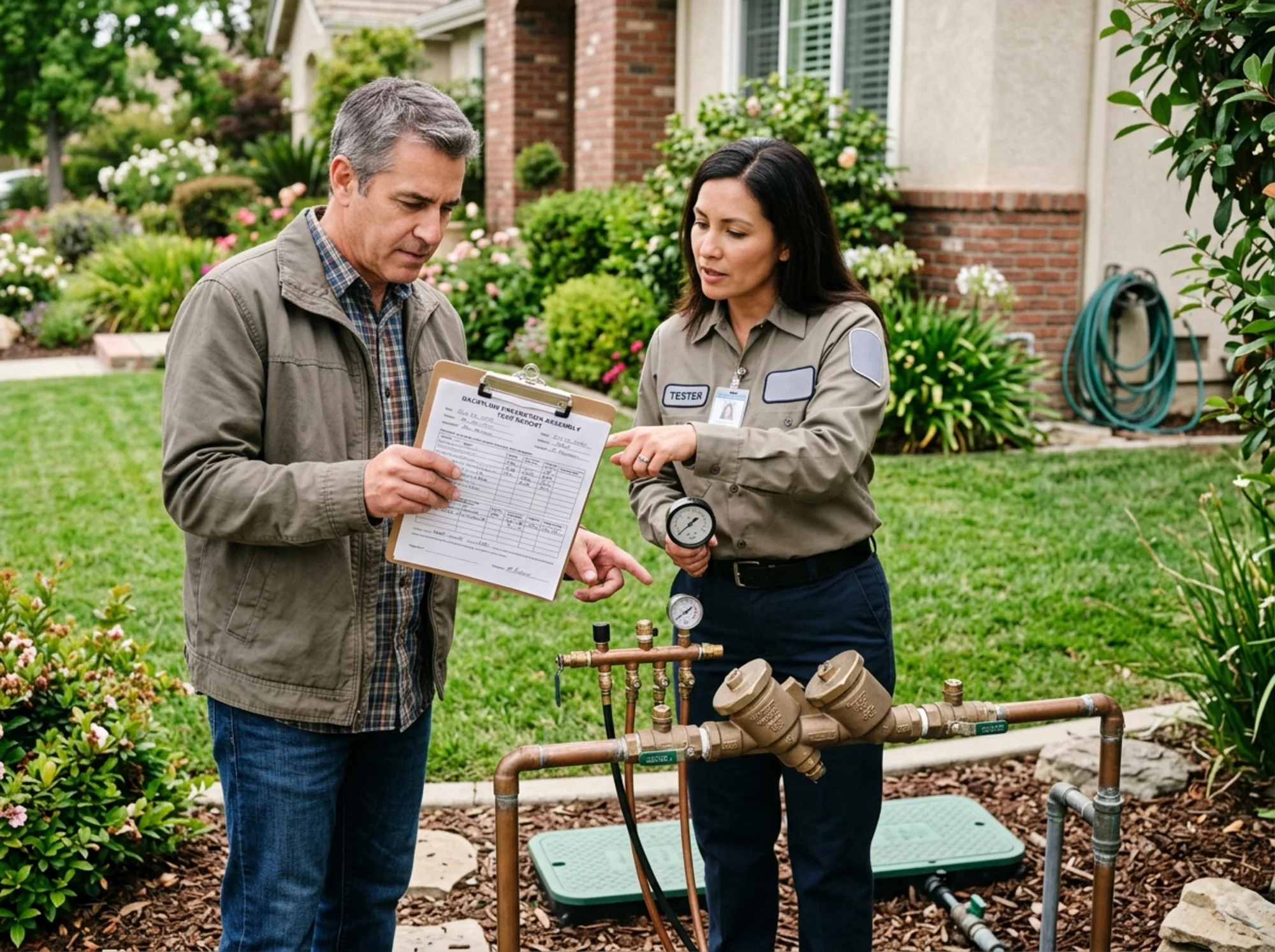 Documentary-style realistic photo of a homeowner or property manager reviewing an irrigation backflow test report with a certified tester beside a sprinkler-system assembly and landscaped yard, natural light, no visible logos