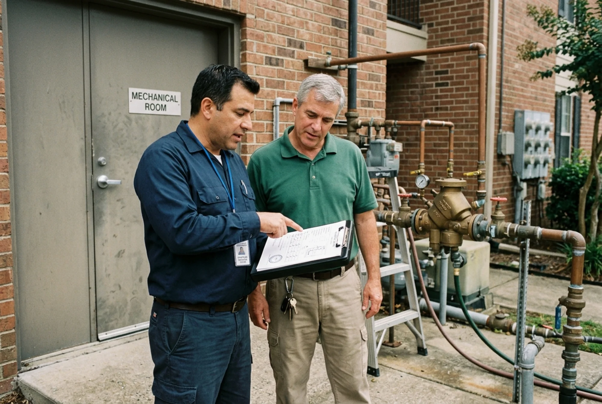 Realistic photo of a certified backflow tester reviewing a completed field test report with an apartment maintenance manager beside a mechanical room entrance and shared building water equipment, natural lighting, no text overlay, no visible logos