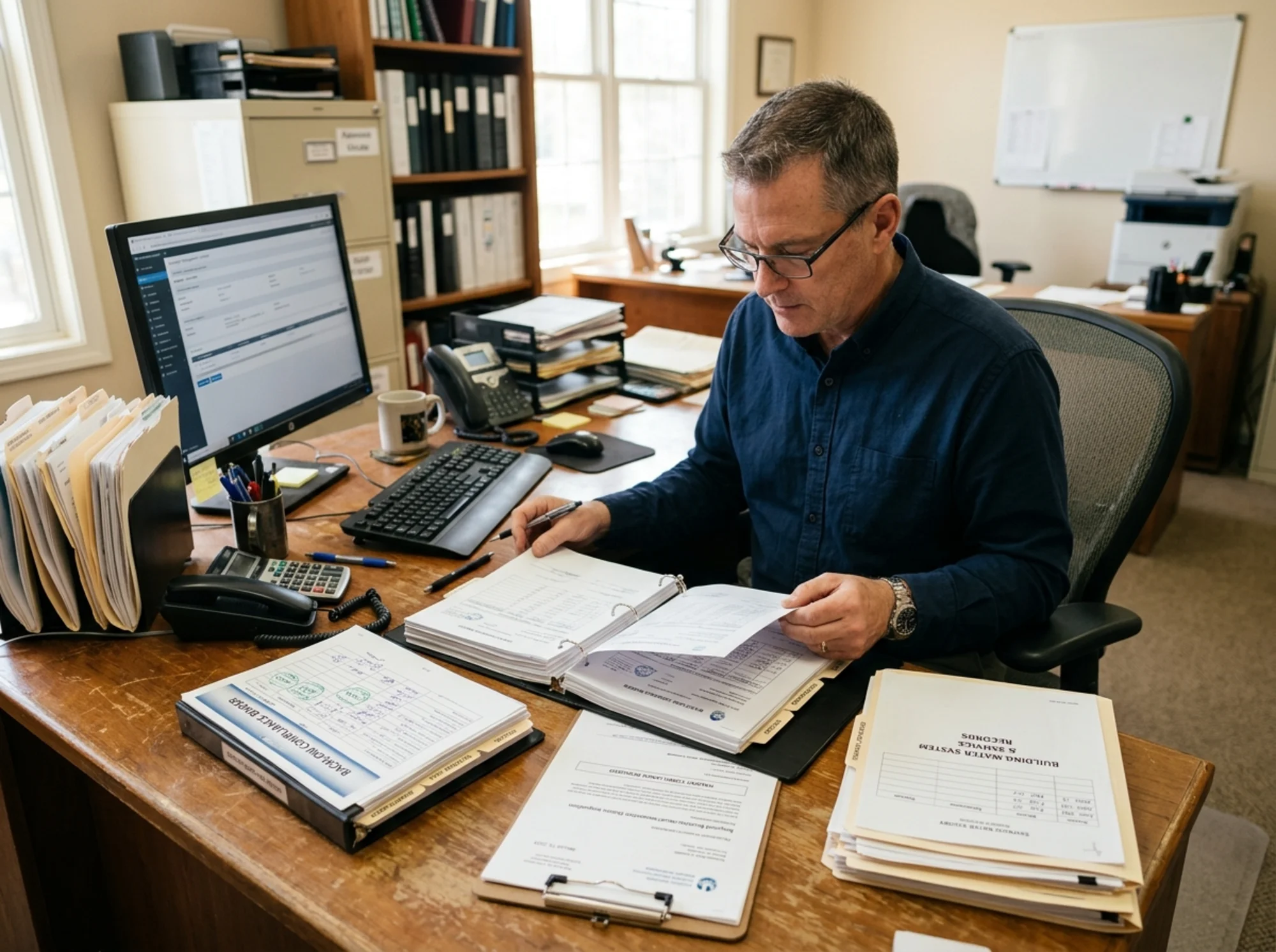 Realistic photo of a condominium or apartment property manager reviewing a backflow compliance binder, utility notice, and service records at a desk with a shared-building water system file, natural office lighting, no logos or text overlay