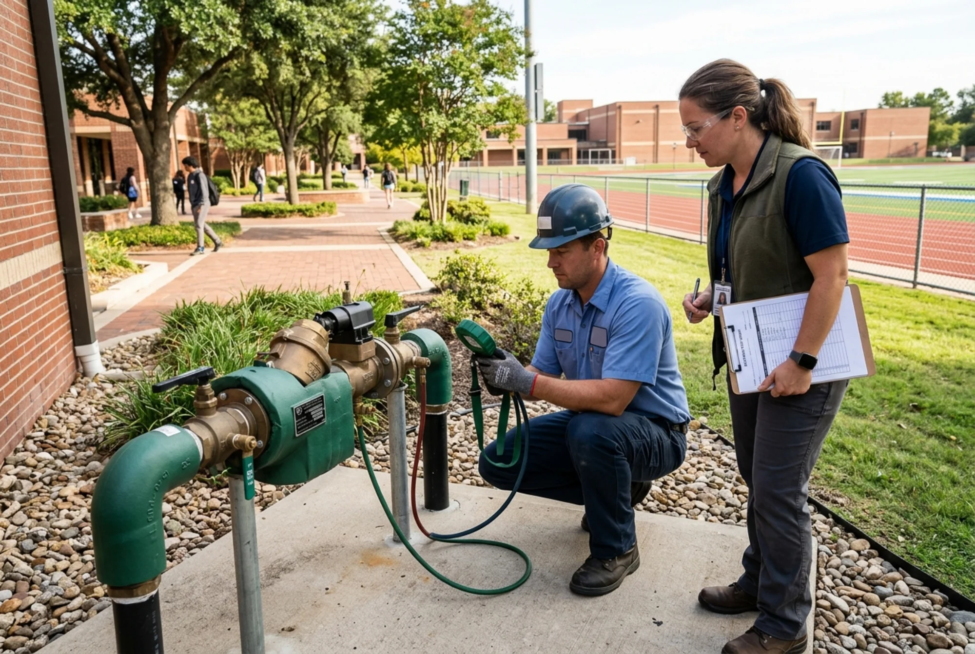Campus facilities technician and certified tester examining an above-ground backflow assembly near an athletic field or landscaped school courtyard