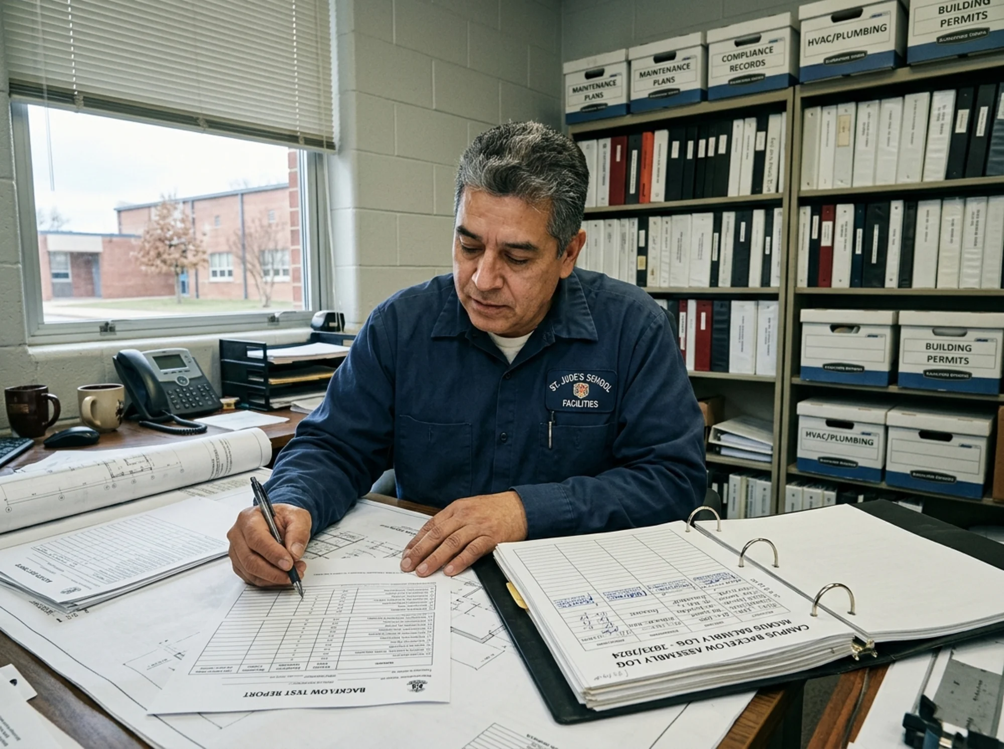 School facilities manager reviewing backflow test reports and a campus assembly log binder in an office with maintenance plans and compliance records