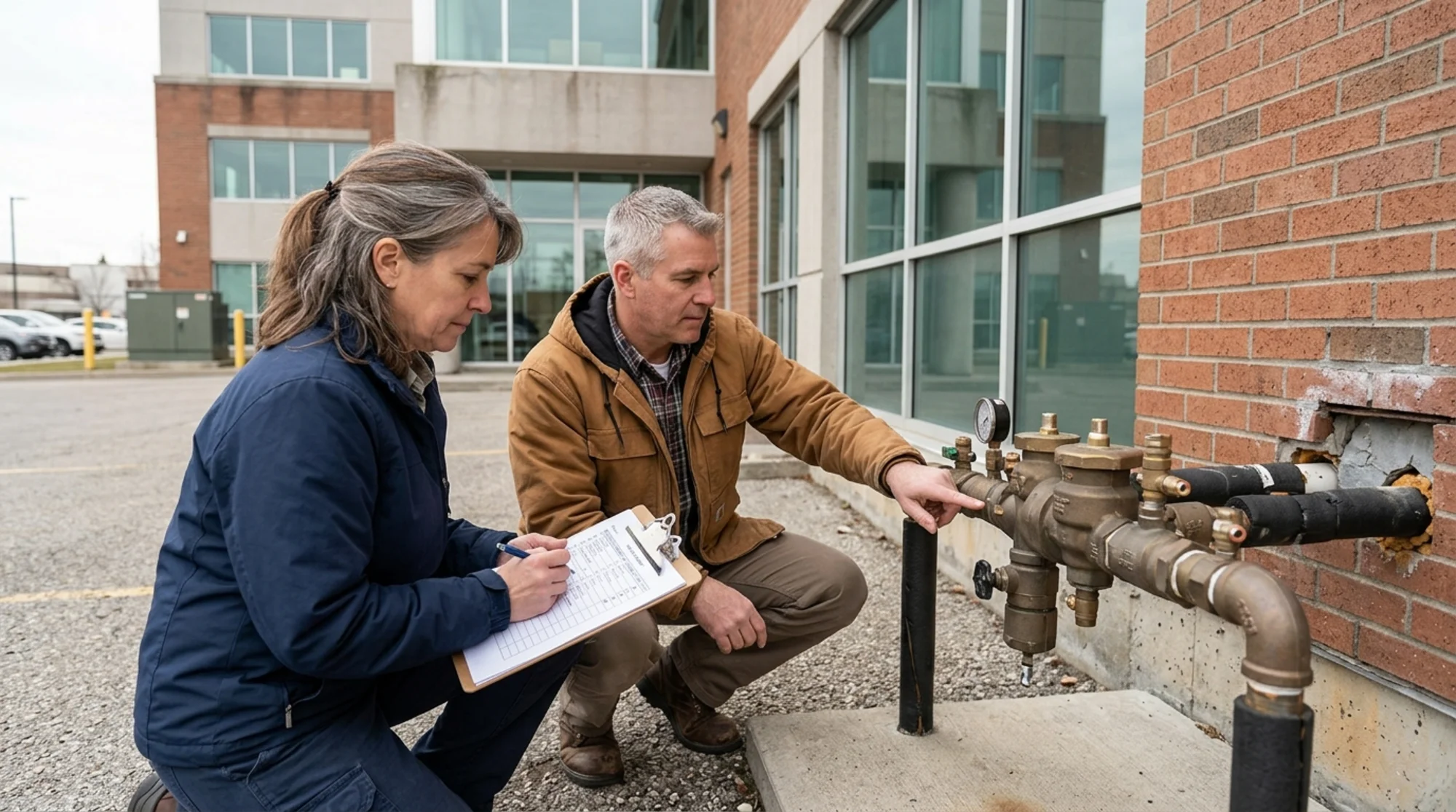Property manager inspecting a commercial backflow preventer with a maintenance checklist