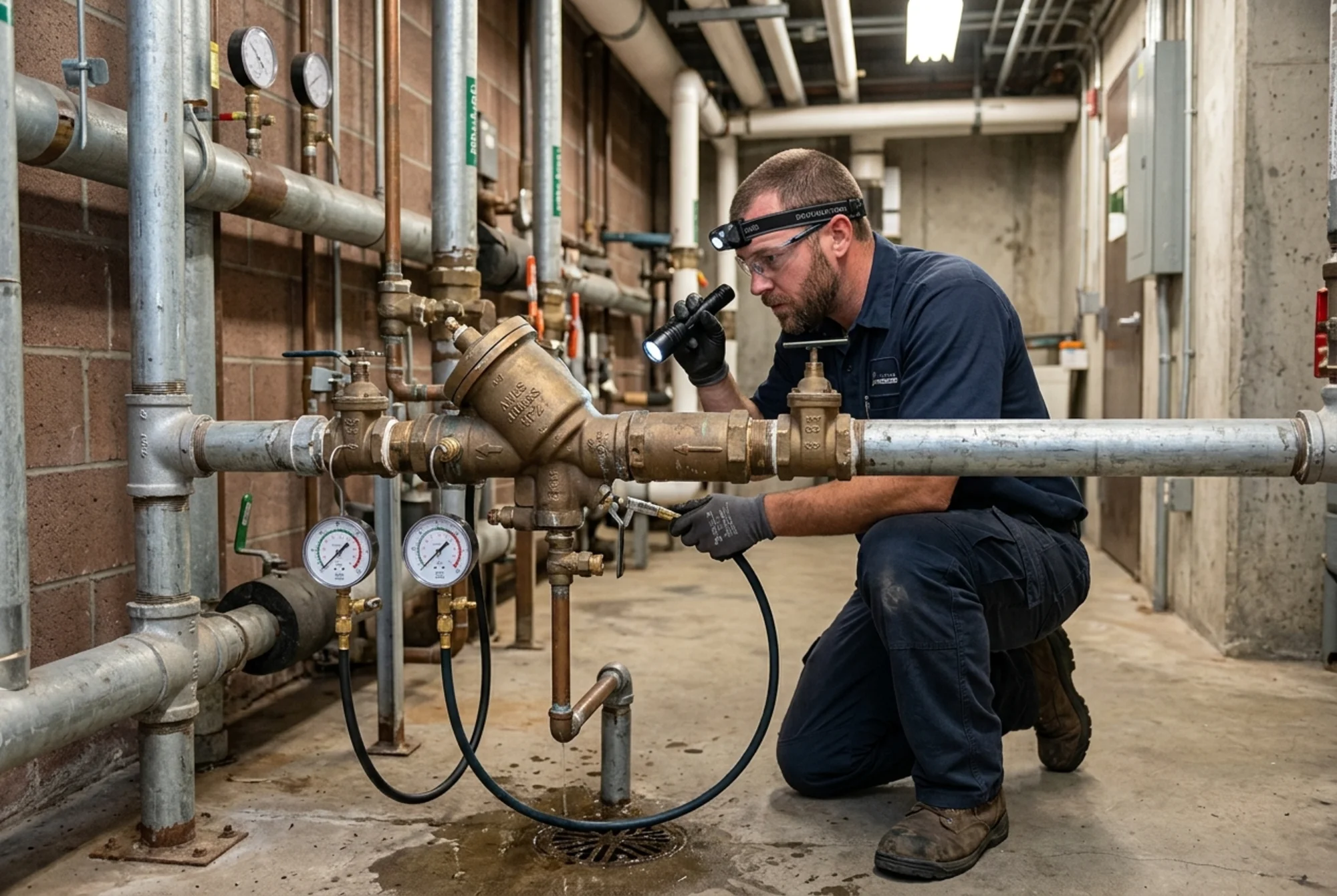 Certified backflow tester examining a commercial backflow preventer for leaks, corrosion, and relief valve drainage while connected gauges hang nearby, realistic plumbing setting, no logos or text overlay