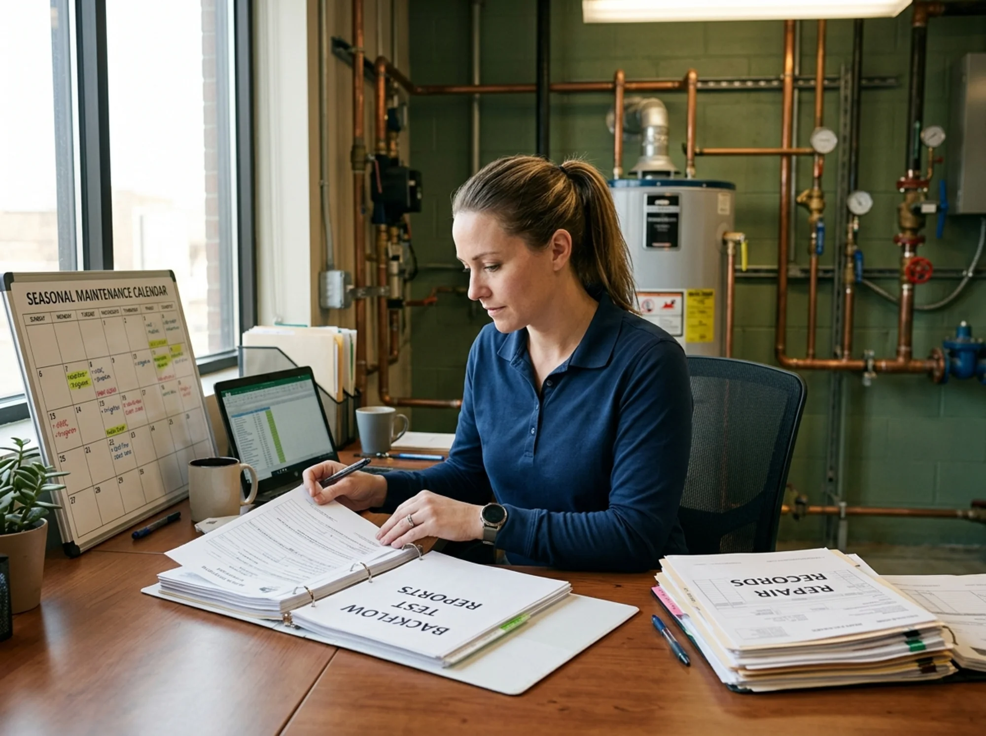 Property manager organizing backflow test reports, repair records, and a seasonal maintenance calendar on a desk while a mechanical room assembly is visible in the background, realistic office lighting, no logos or text overlay