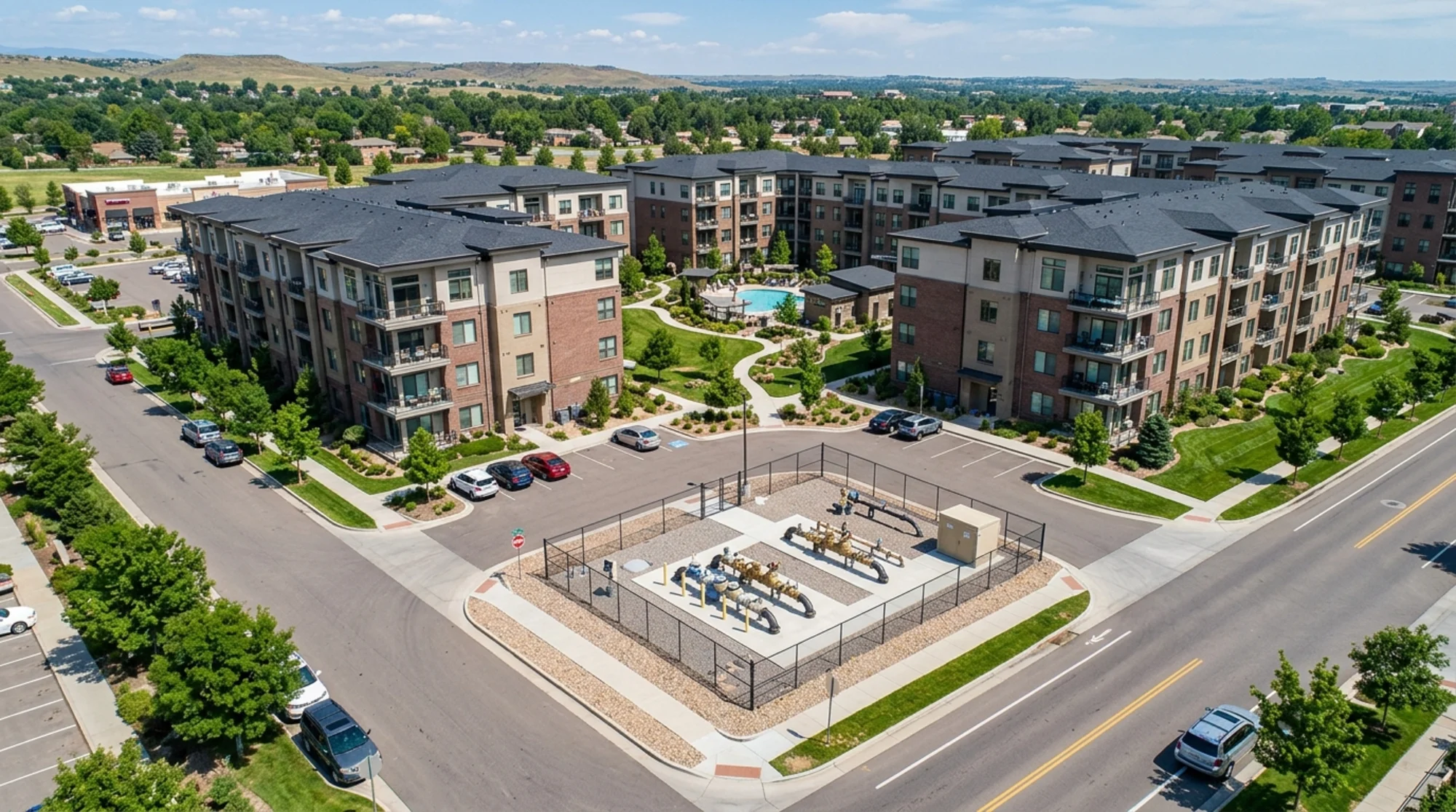 Aerial view of a modern apartment complex with visible water meter installations and backflow preven