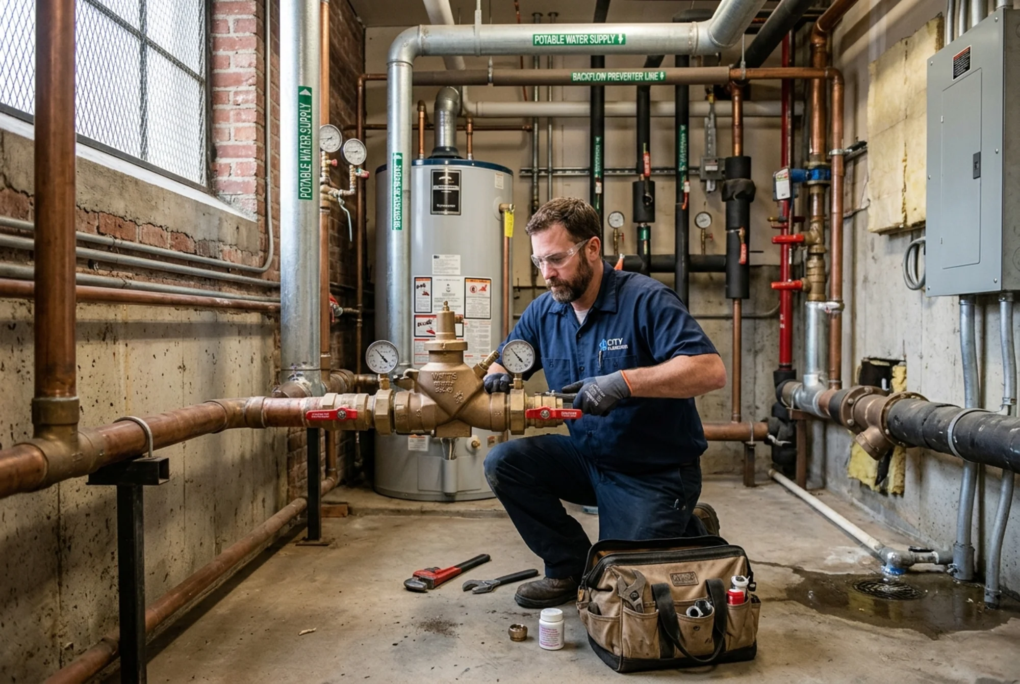 Professional plumber installing a large RPZ backflow preventer in a mechanical room of an apartment 