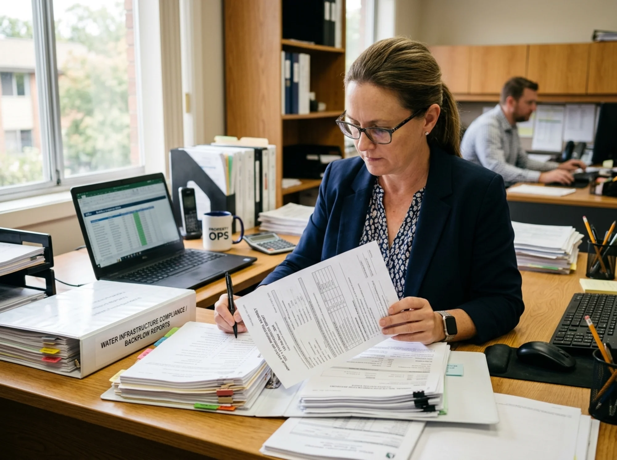 Property manager reviewing backflow testing reports and compliance documents in an office setting