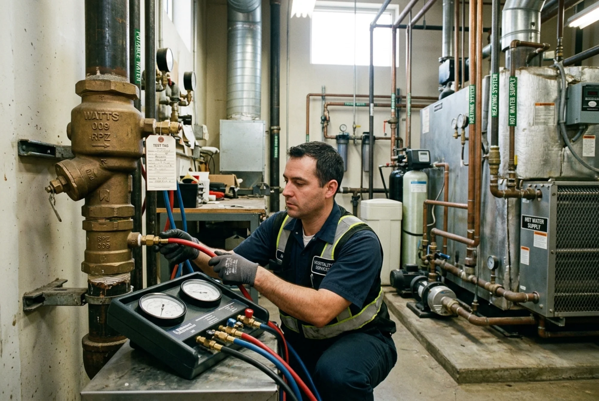 Realistic close-up photo of a certified backflow tester connecting a differential pressure gauge kit to a mechanical room backflow assembly beside hotel boiler and water treatment equipment, natural lighting, no text overlay