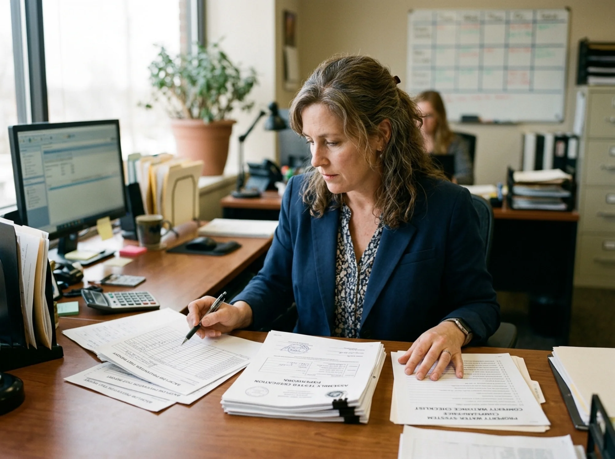 Documentary-style realistic photo of a hotel operations manager reviewing completed backflow test reports, certified tester paperwork, and a property water-system checklist at an office desk, natural indoor lighting, no logos or text