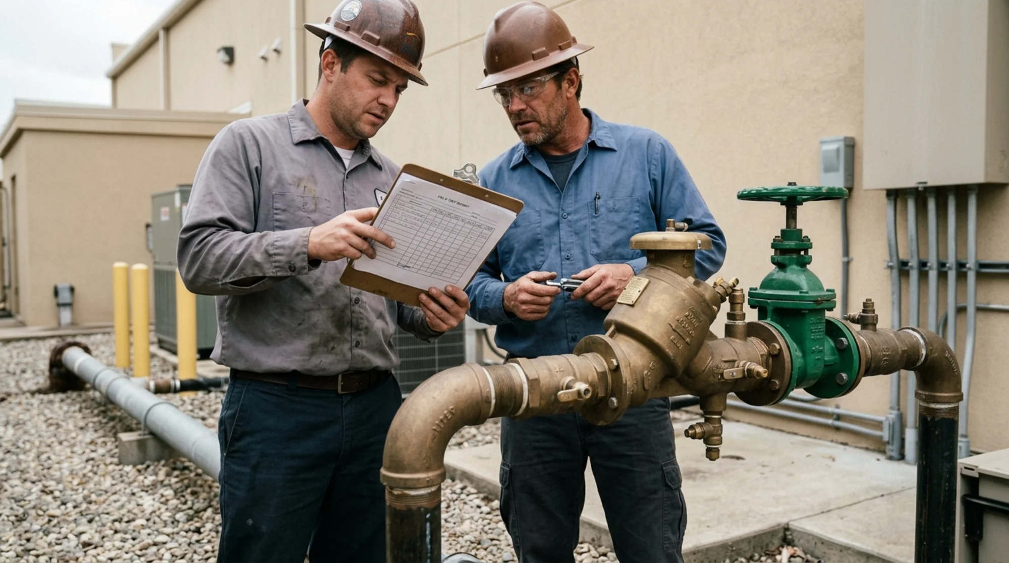 Property manager and certified backflow tester comparing a serial number tag with a backflow test report beside a commercial assembly