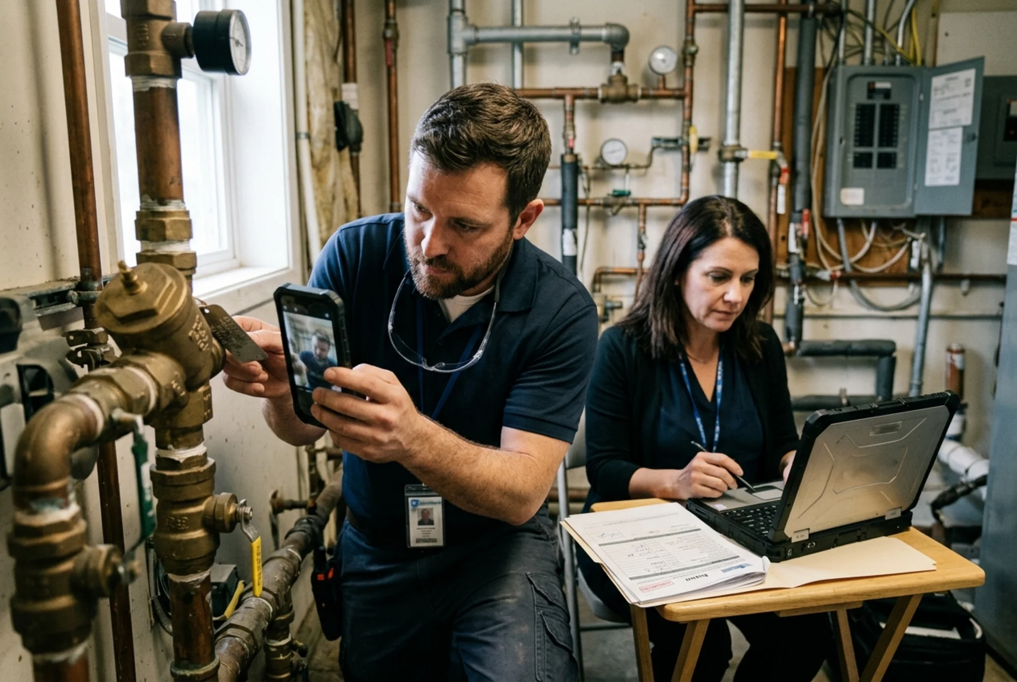 Close-up of a certified backflow tester photographing a model and serial tag while a property manager checks a utility portal and completed report on a laptop, realistic documentary style, no readable text