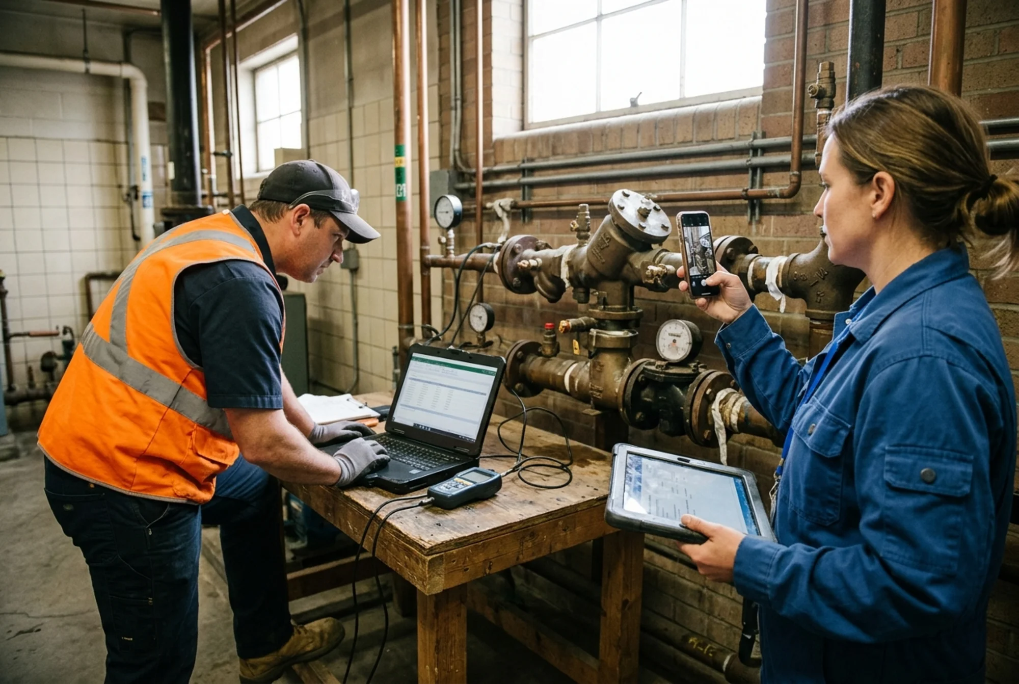 Close-up of a certified backflow tester reviewing a submitted report on a laptop while a property manager checks a meter account record and photographs the assembly location, documentary style, no readable text