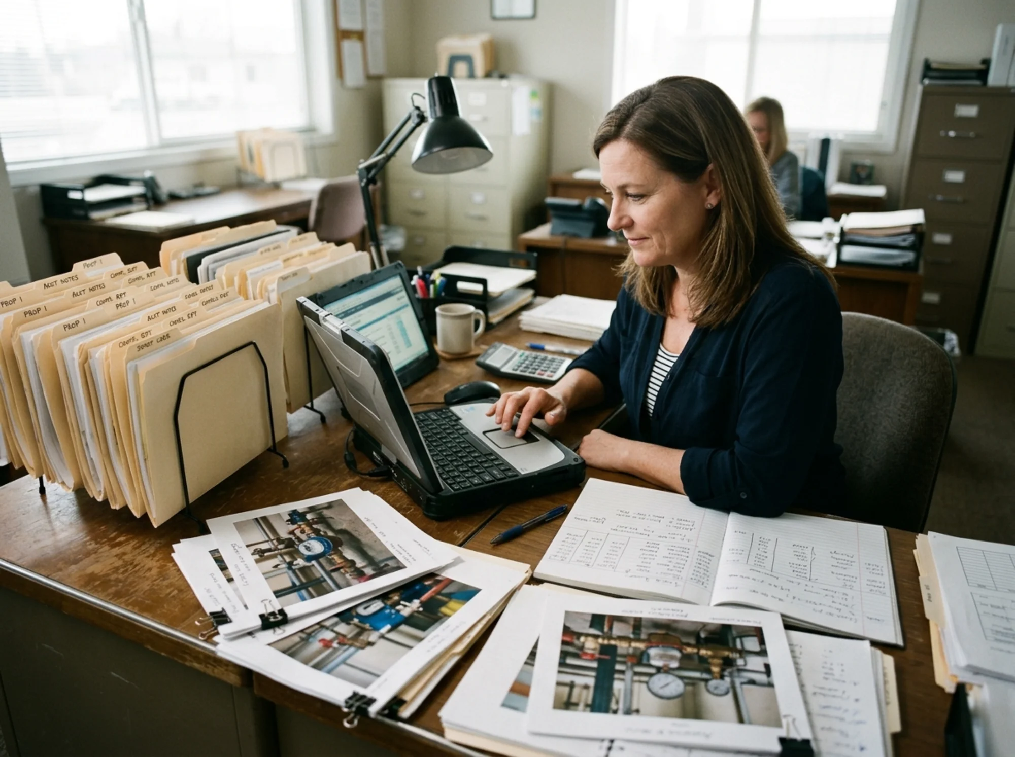 Organized compliance desk with labeled property files, assembly photos, meter account notes, and a property manager confirming accepted utility records on a laptop, realistic office lighting, no readable text