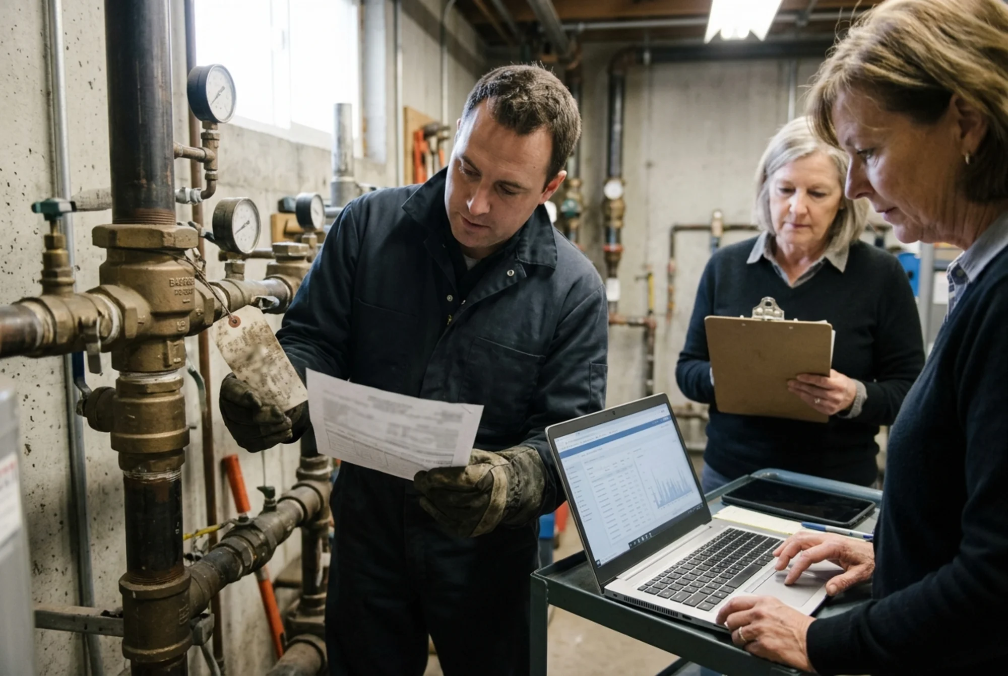 Close-up of a certified backflow tester checking an assembly tag and test report while a property manager reviews utility records on a laptop, documentary style, no readable text