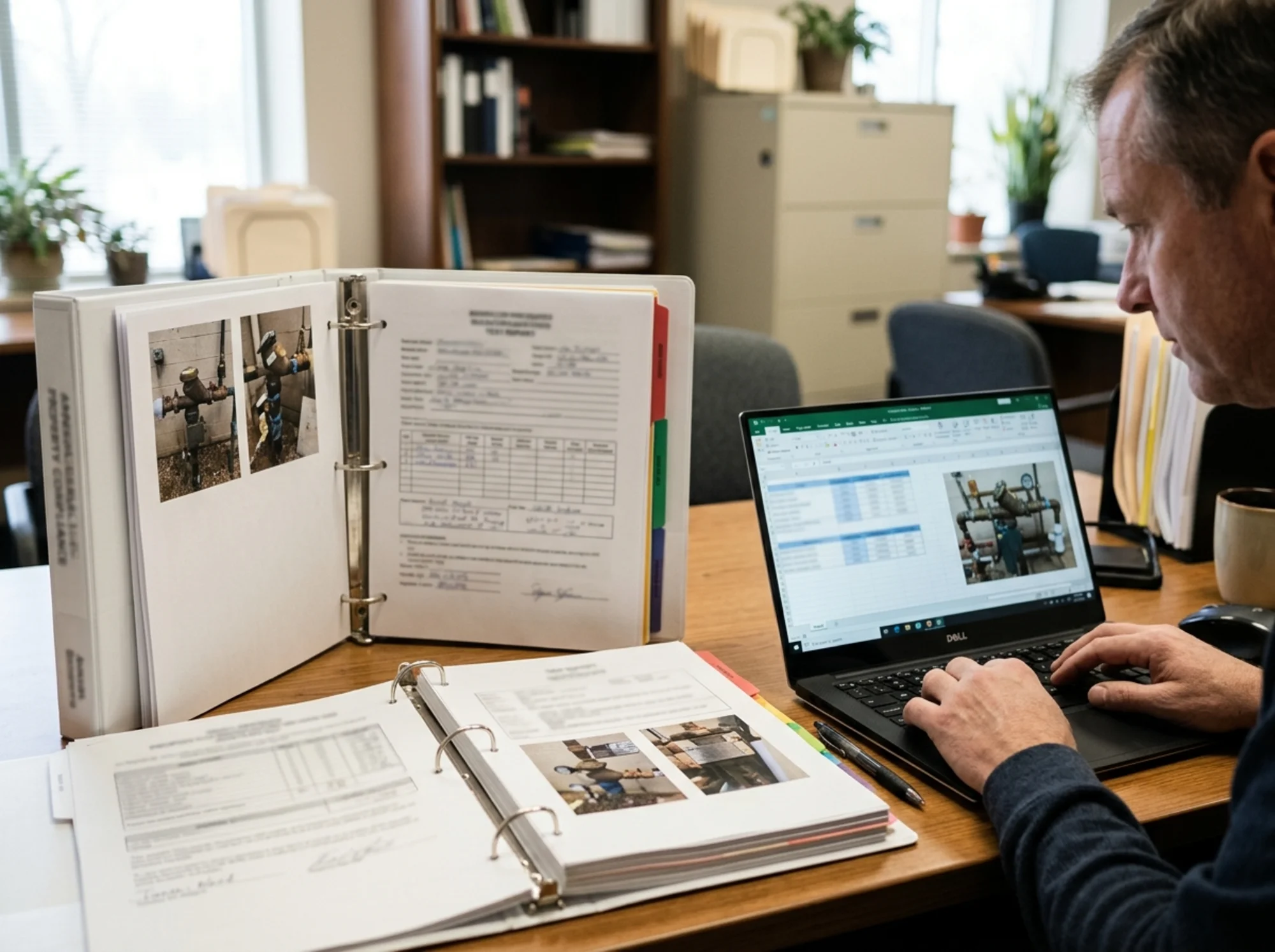 Organized compliance binder with assembly photos, test reports, and a property manager confirming corrected utility records on a laptop beside a backflow device photo, realistic office lighting, no readable text