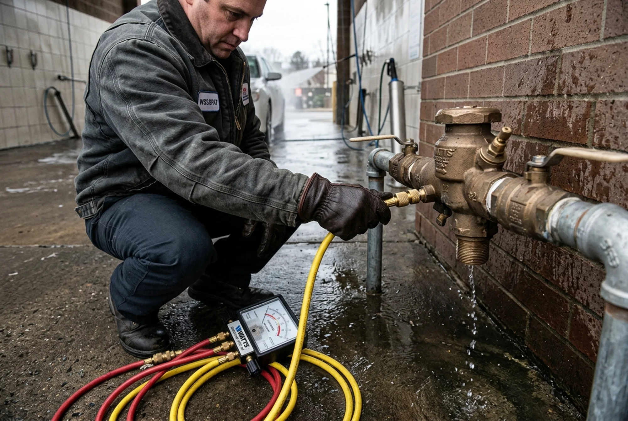 Realistic close-up photo of a certified tester connecting a calibrated differential pressure gauge kit to an outdoor RPZ assembly beside a commercial wash bay, hoses and wet concrete visible, natural lighting, no text overlay