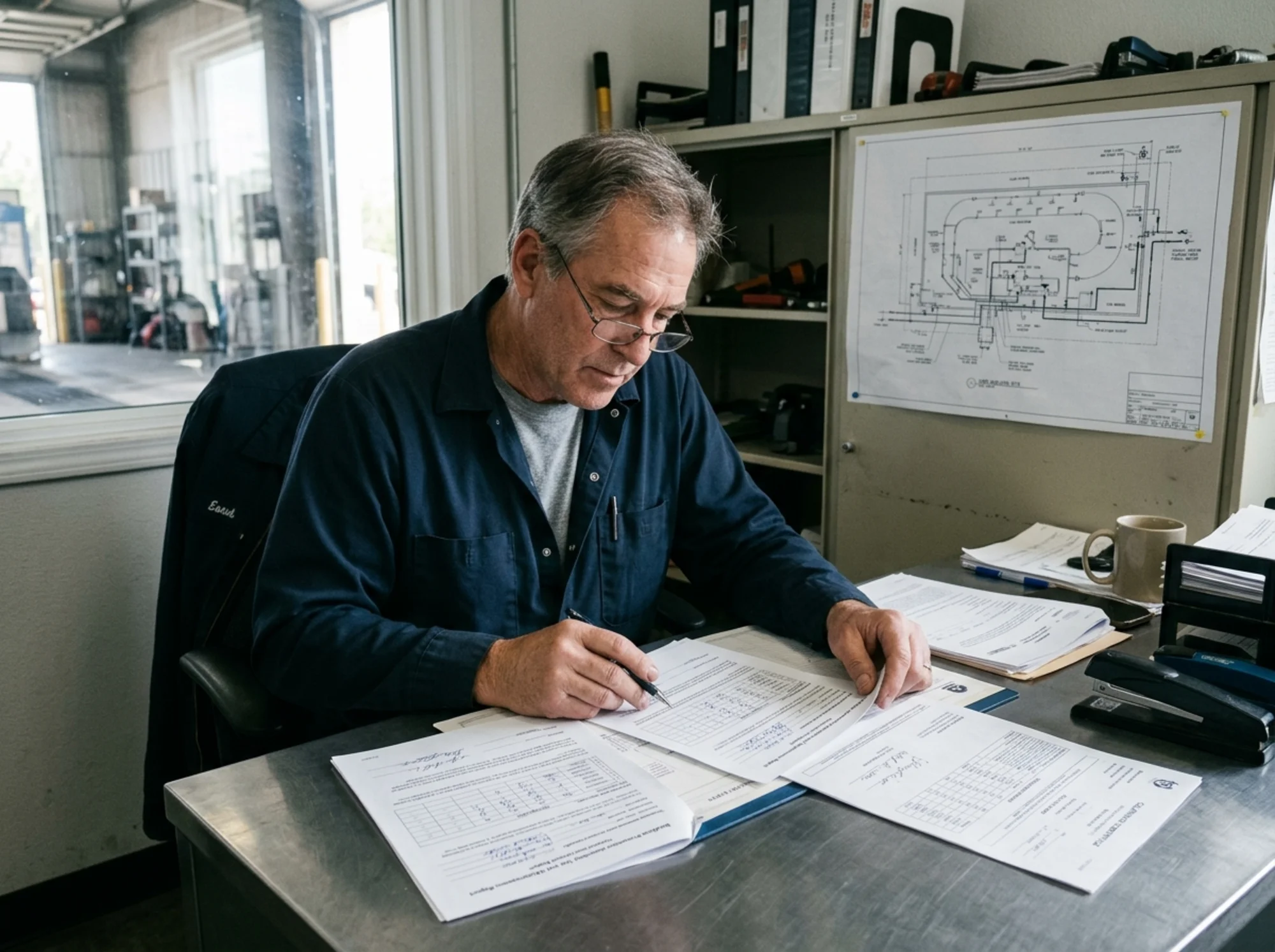 Documentary-style realistic photo of a car wash manager reviewing a completed backflow test report, tester certification, and gauge calibration certificate at an office desk with a site plumbing diagram, natural indoor lighting, no logos or text