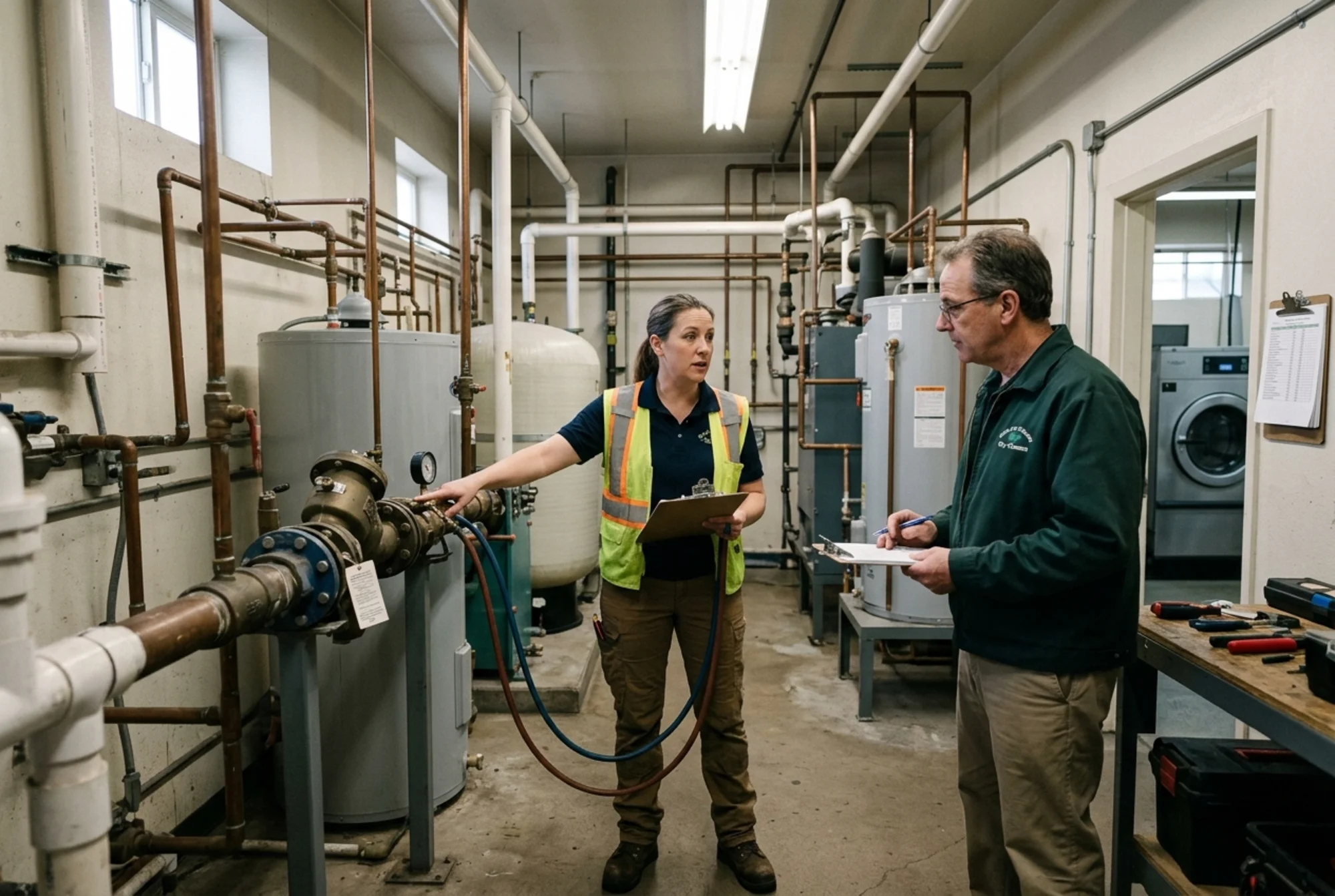 Realistic indoor mechanical room or utility area at a laundromat or dry cleaner, visible piping and water-heating equipment, a certified tester and site manager discussing a backflow assembly and hazard classification, natural industrial lighting, no text overlay