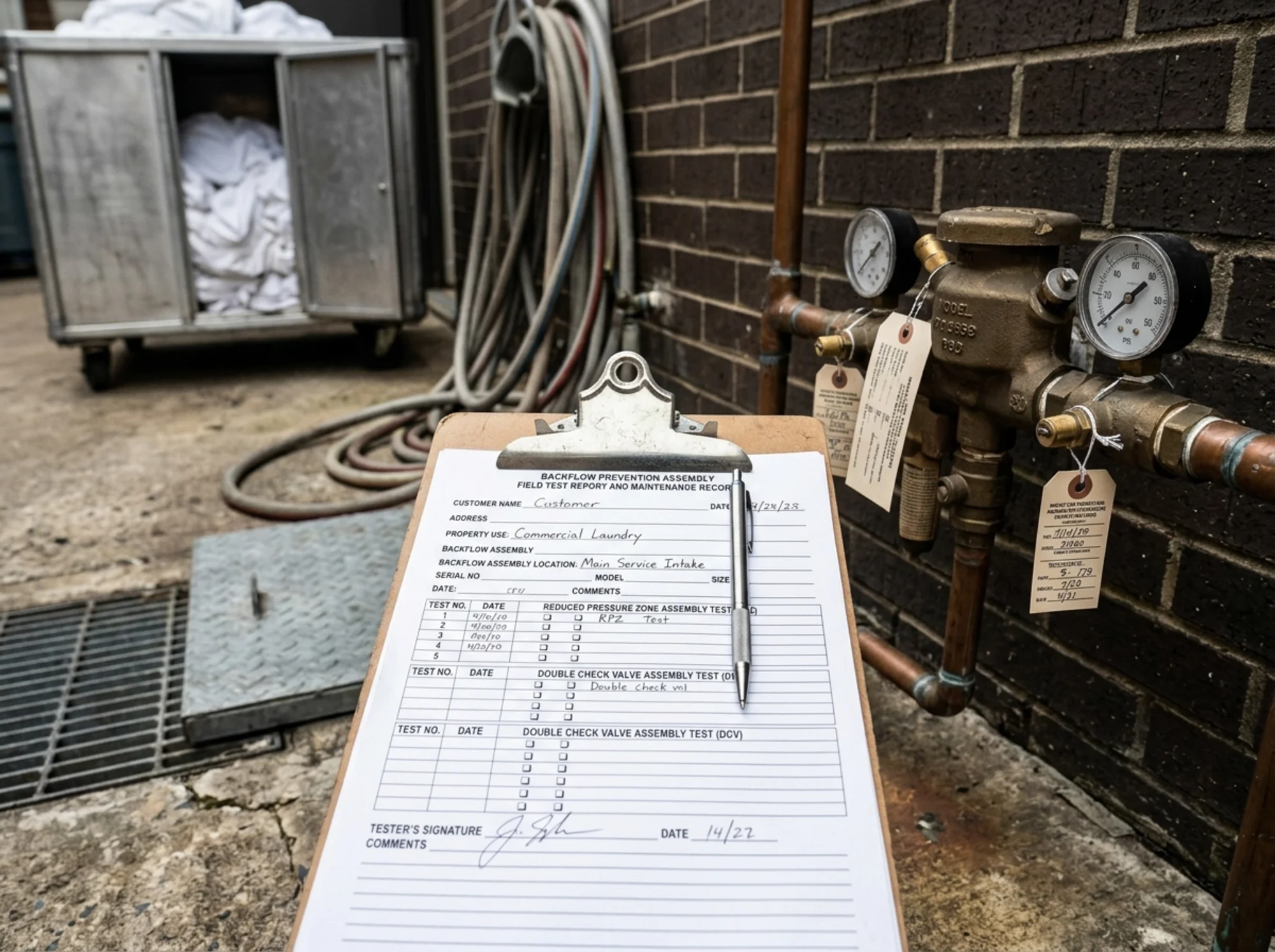 Documentary-style realistic photo of a clipboard with a completed backflow field test report and maintenance records beside a commercial backflow assembly serving a laundry-type business, organized compliance paperwork, natural lighting, no logos or text