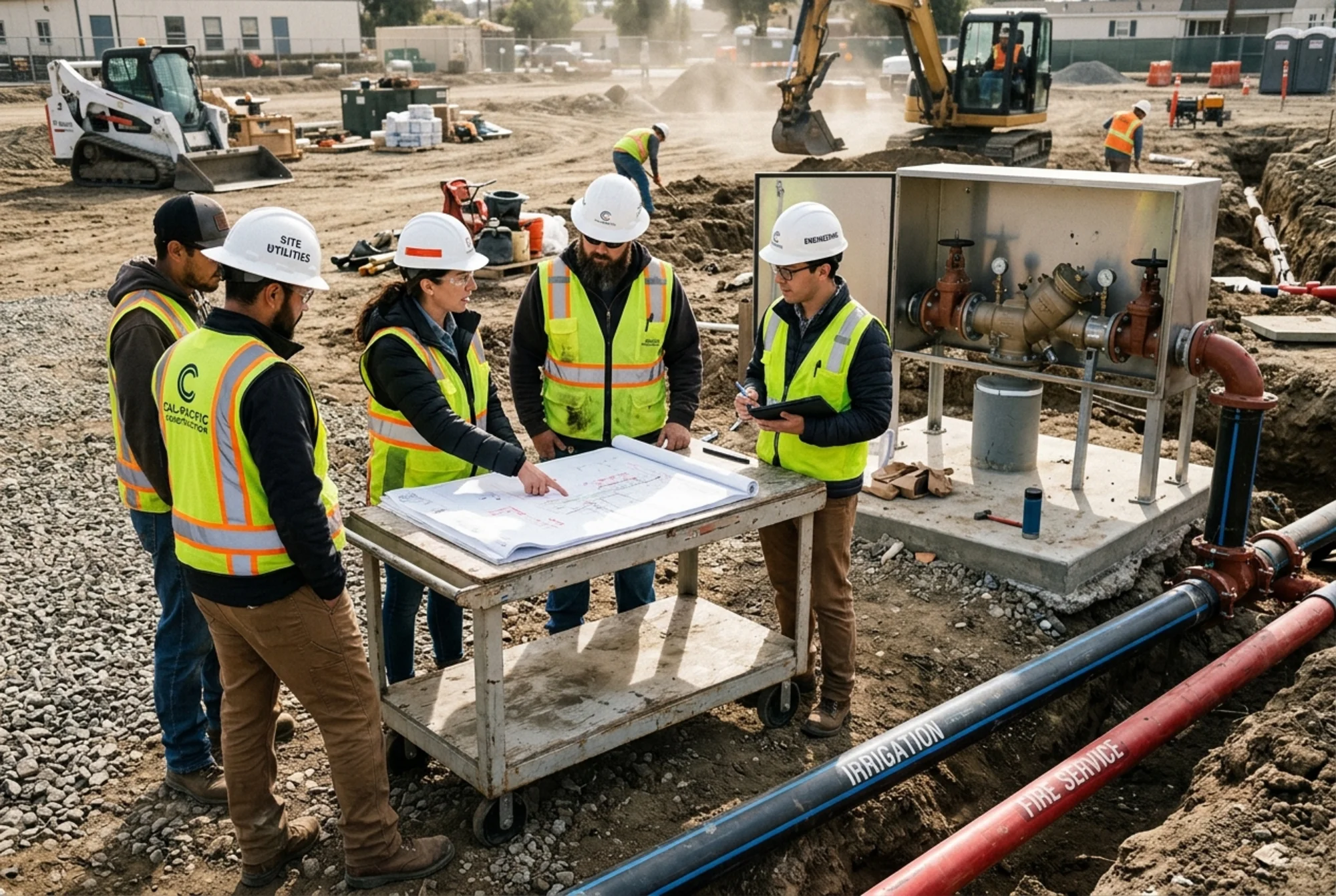 Realistic construction meeting beside irrigation and fire service piping with engineers reviewing utility plans and a visible backflow assembly installation location, documentary style, natural light, no text overlay