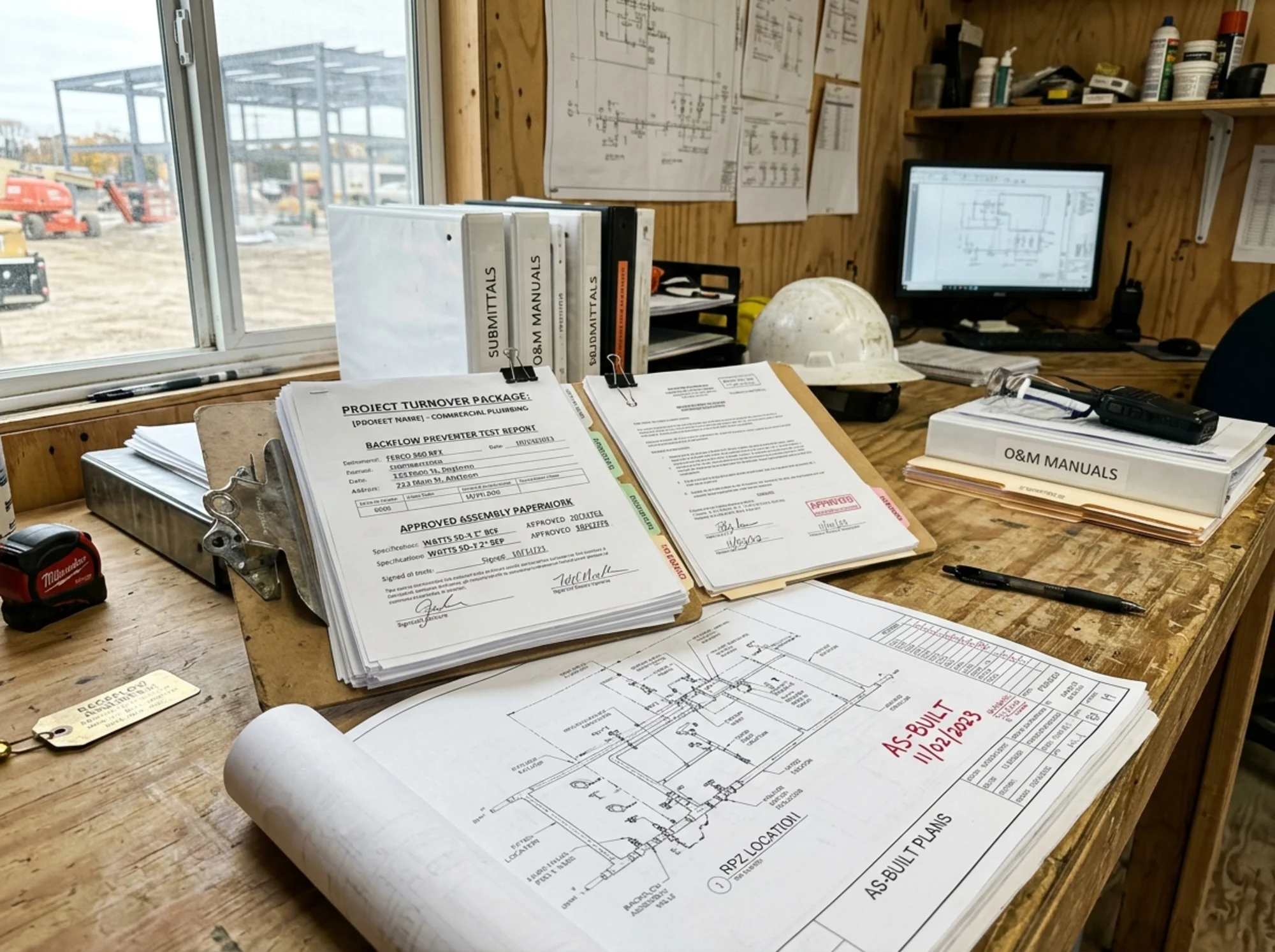 Realistic close-up of organized project turnover documents including backflow test report, approved assembly paperwork, and as-built plans on a construction trailer desk, natural lighting, no logos or text overlay