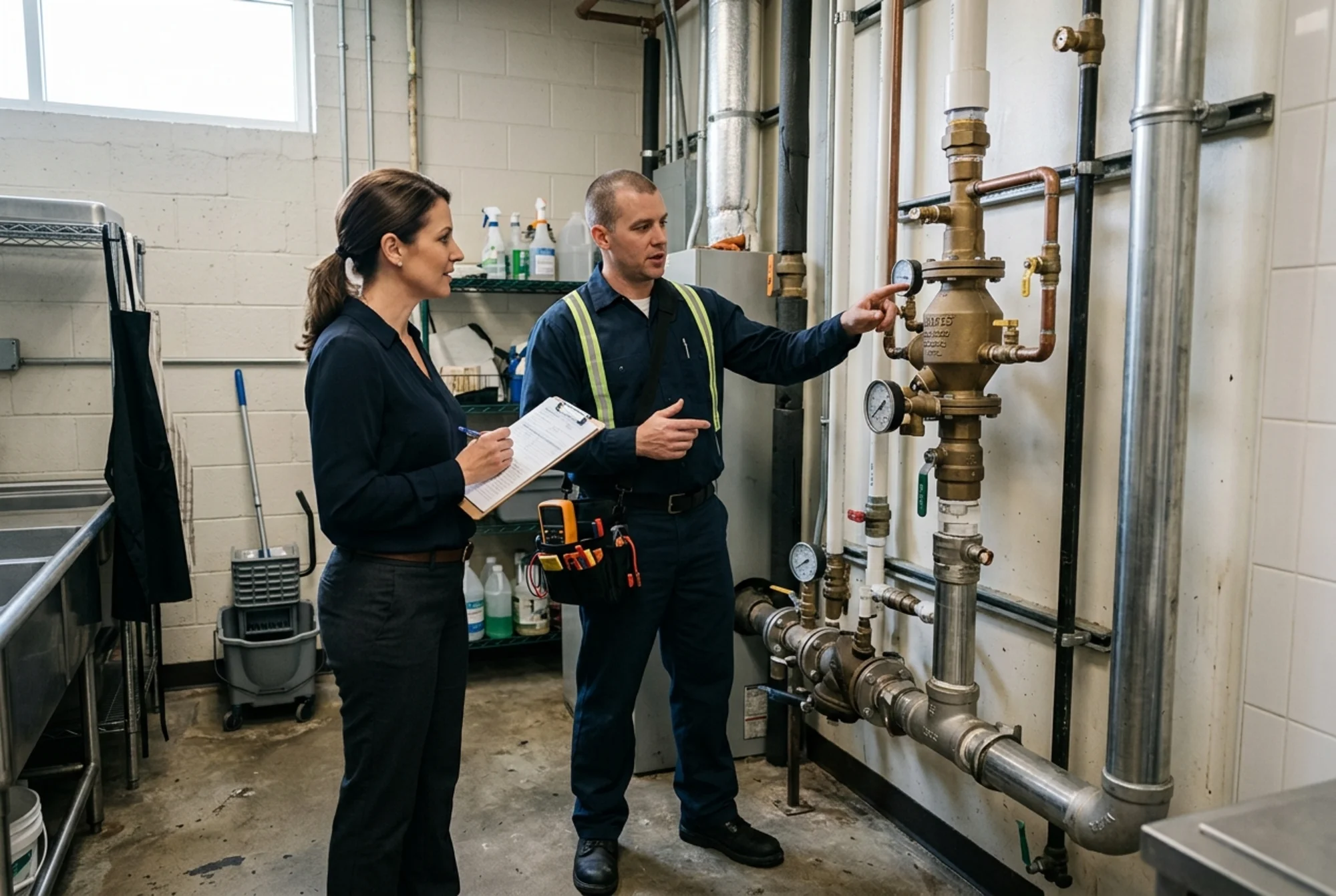 Restaurant manager speaking with a certified backflow tester in a clean utility area behind a commercial kitchen, with visible piping and a backflow prevention assembly, realistic photo, no logos or text