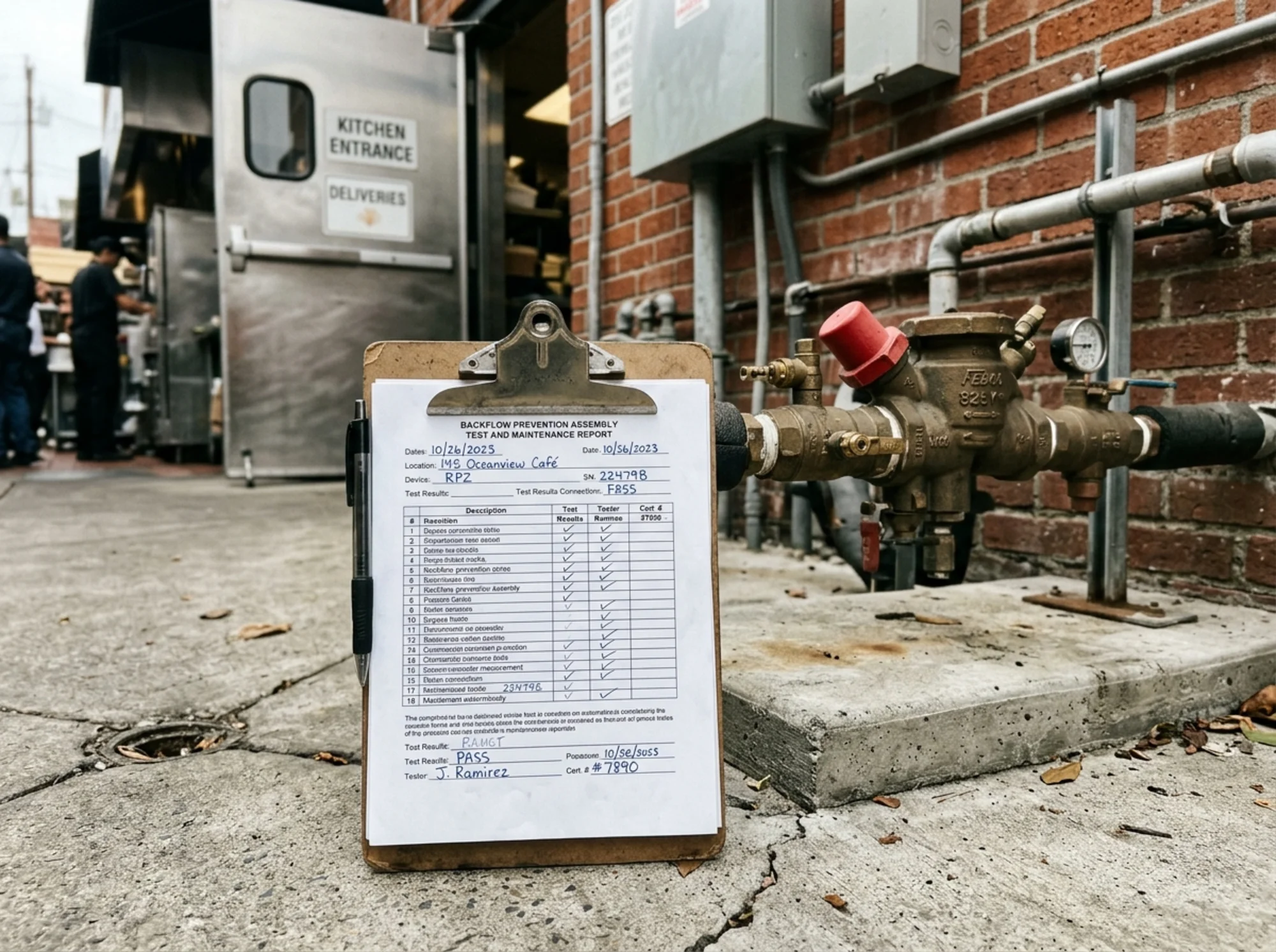 Close-up of a completed backflow test report on a clipboard beside a commercial backflow prevention assembly serving a food-service business, realistic photo, natural lighting, no text overlay
