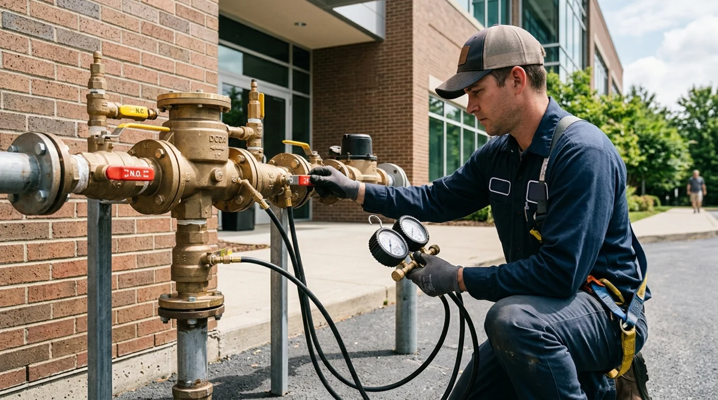 Certified technician testing a commercial backflow preventer with differential pressure gauges outside an office building