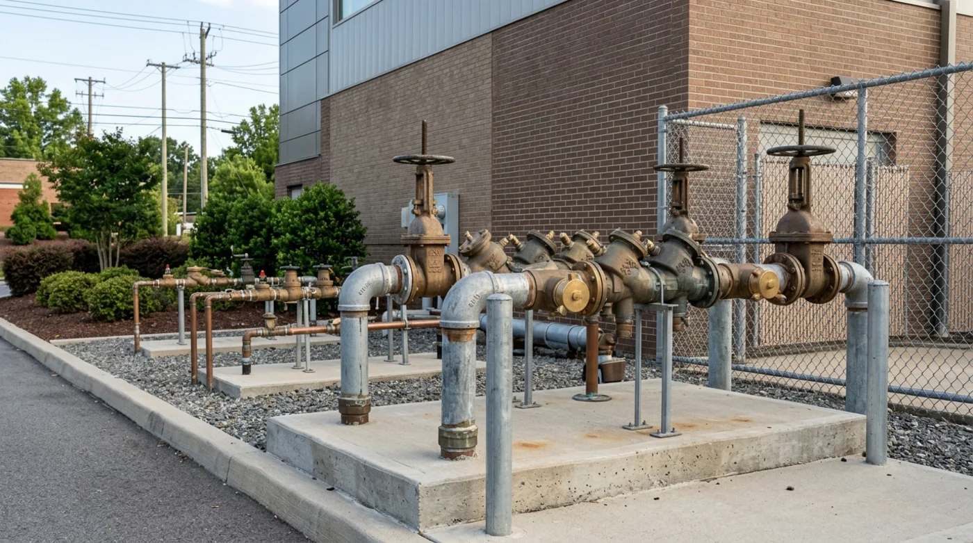 Multiple labeled backflow prevention assemblies serving a commercial property in an organized utility area