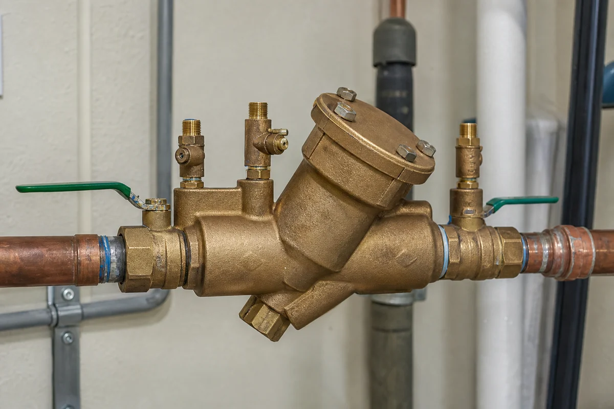Backflow preventer assembly installed outside residential property