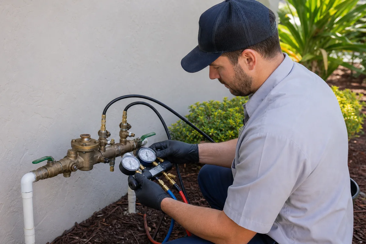 Certified tester inspecting backflow prevention device during annual test