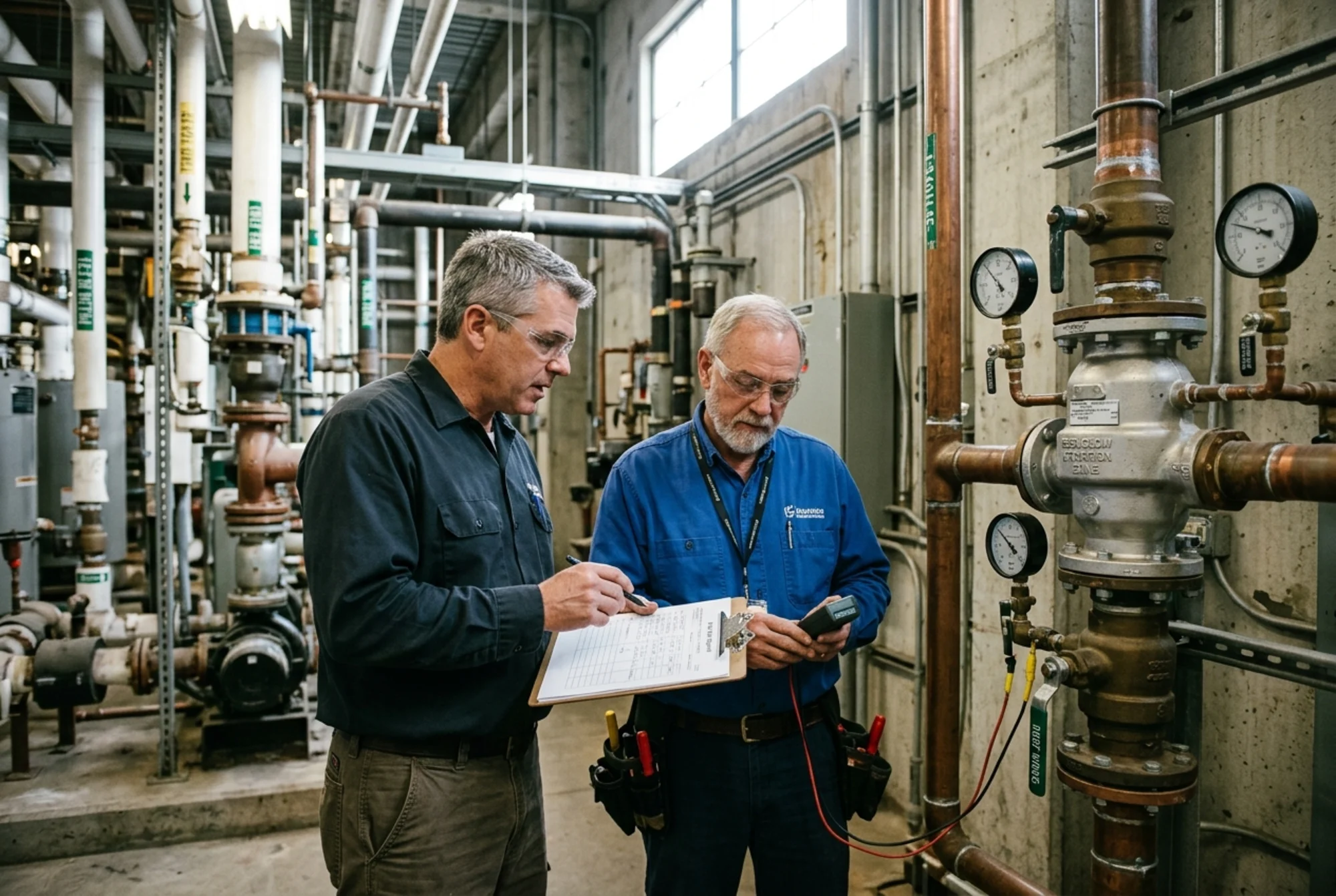 Certified backflow tester and industrial maintenance manager reviewing a field test report in a plant mechanical room beside piping and gauges, realistic documentary style, natural lighting, no logos or text overlay
