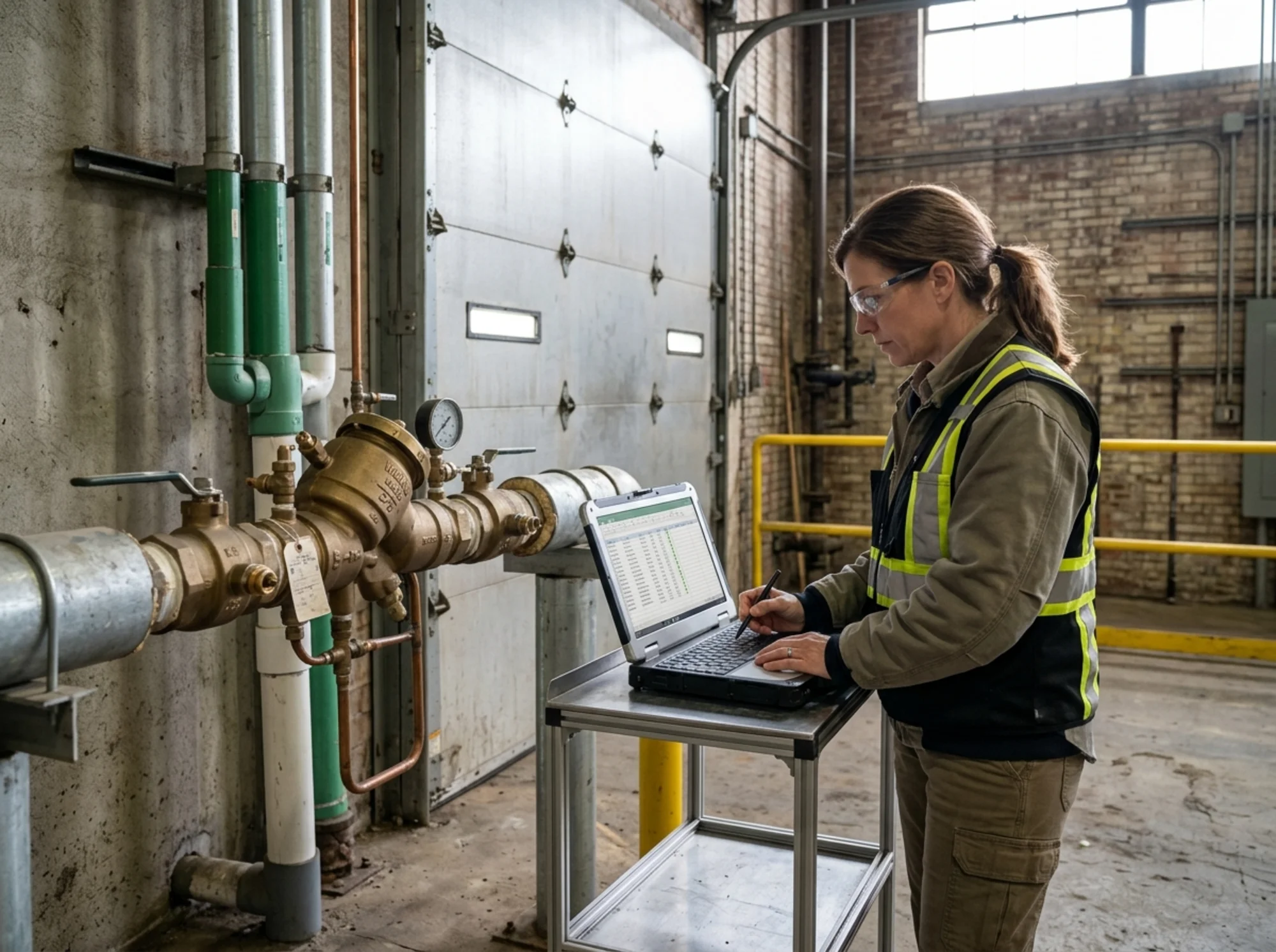 Industrial facility manager using a compliance checklist to track assembly inventory, annual test due dates, repair follow-up, and utility submission status on a laptop near a service entrance backflow assembly, realistic natural light, no logos or text overlay