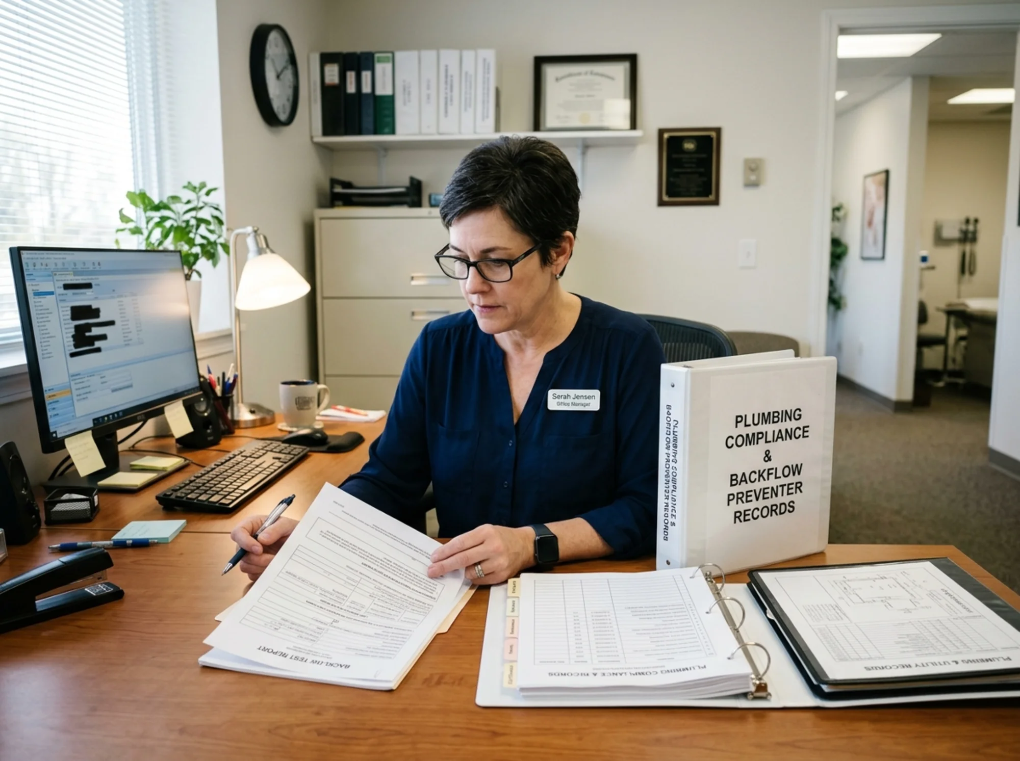 Documentary-style realistic photo of a healthcare office manager reviewing a backflow test report and compliance binder beside plumbing records in a clean office setting, no text overlay