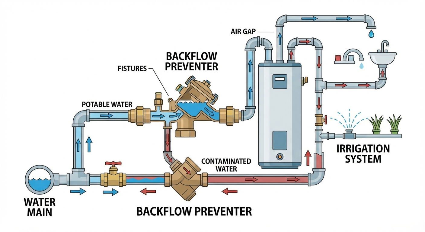 Plumbing system showing backflow prevention, clean