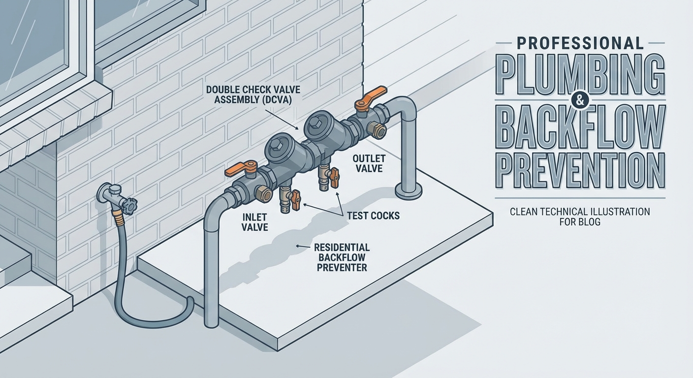 Residential backflow preventer installed near a home's exterior plumbing