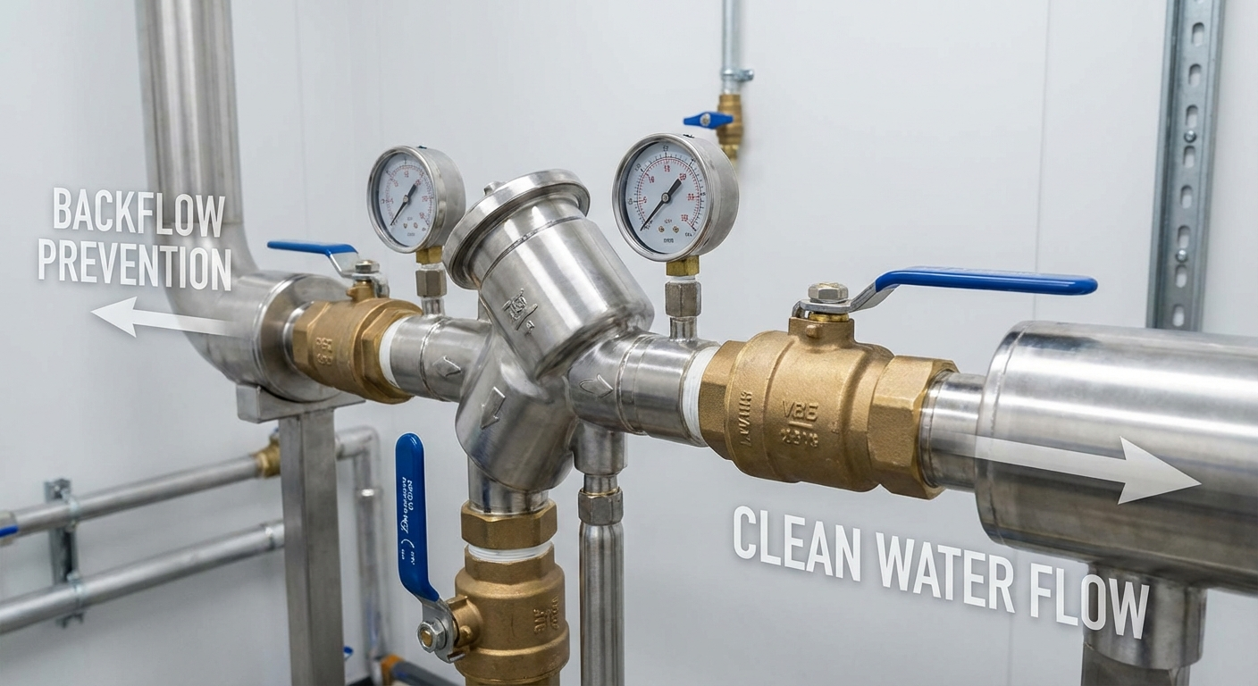 Close-up of pipe connections and valves near water system