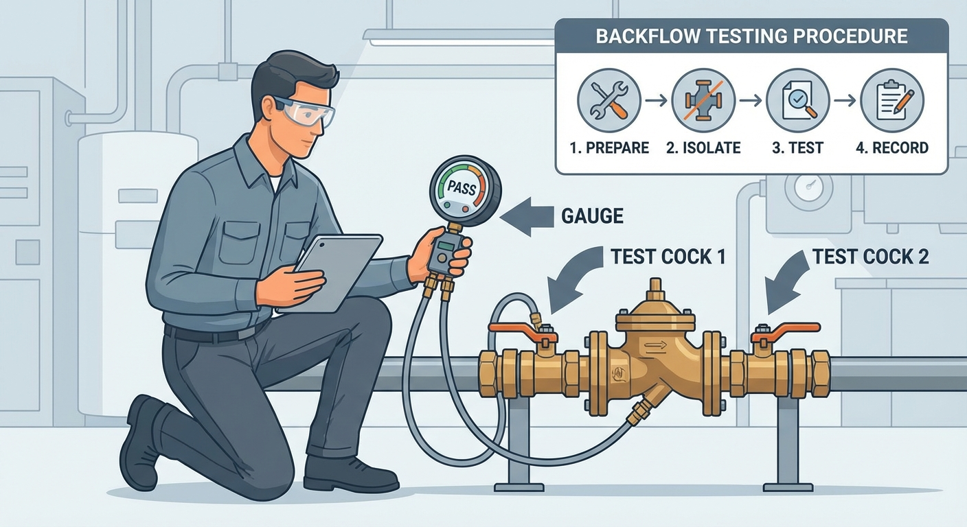 Technician performing backflow test with specialized gauge equipment